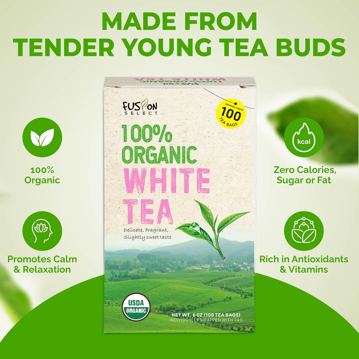 Alternative view of Fusion Select 100% Organic White Tea - Natural Herbal Infusion for Calmness, Relaxation, Wellness - Rich in Vitamins & Antioxidants - Zero Calories, Sugar, Fat - 100 Organic Premium White Tea Bags