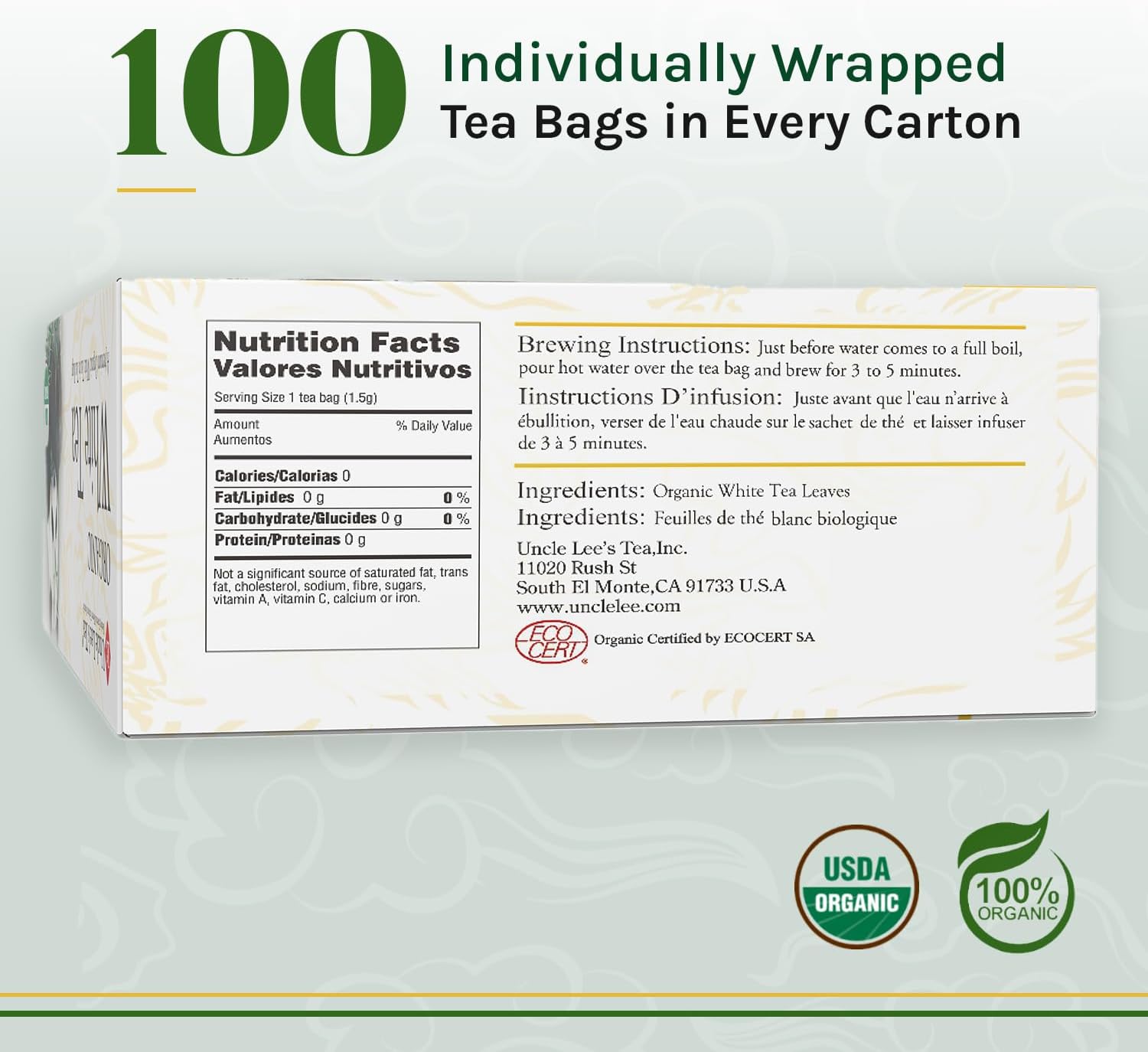 Uncle Lee’s Organic White Tea - Premium Tea for Everyday Wellness, Low Caffeine, Antioxidant-Rich White Tea Bags, Individually Wrapped, 100 Count