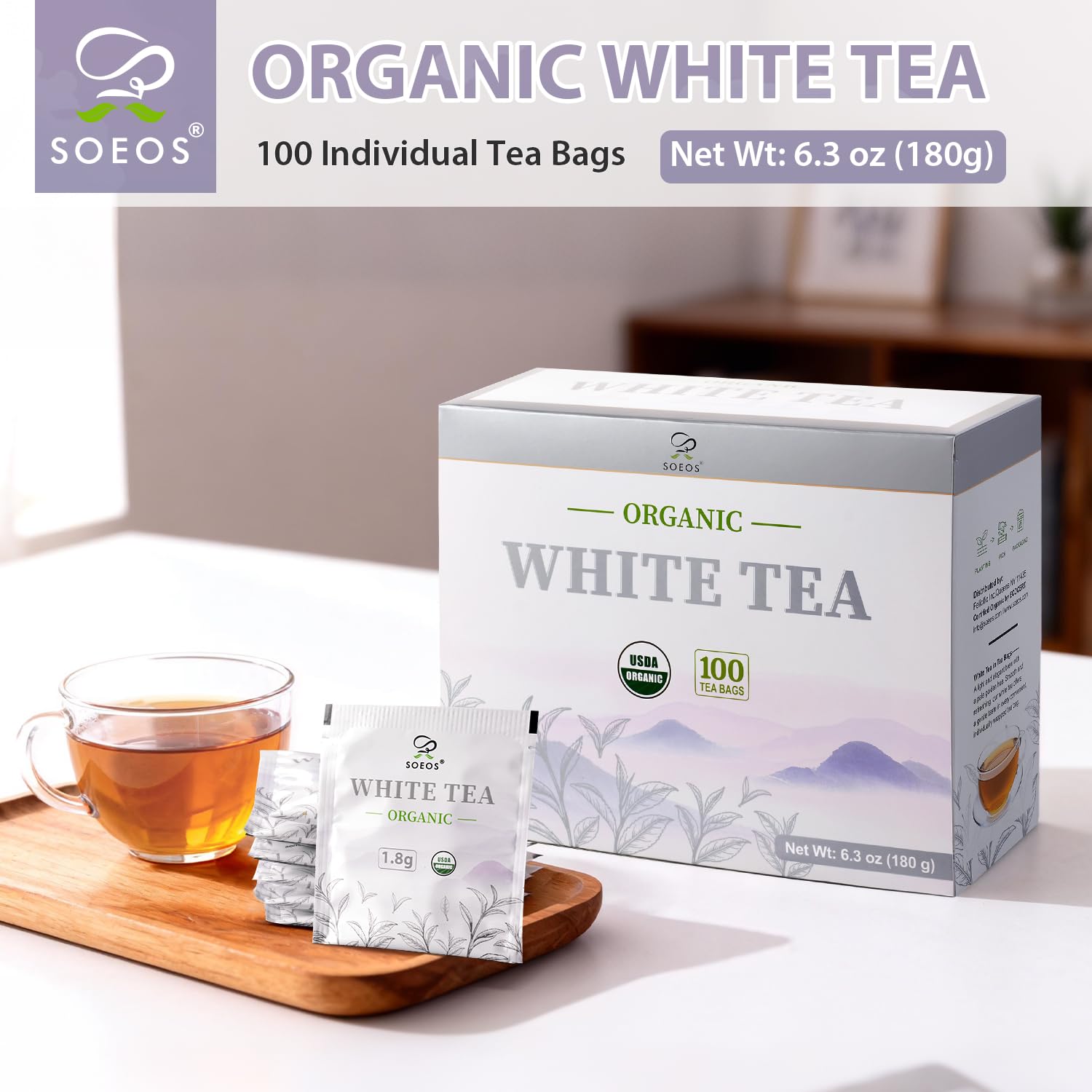 Alternative view of Soeos Organic White Tea, 100 Tea Bags, Individually Wrapped Teabags, Low Caffeine, Subtle Floral Aroma & Smooth Taste, Quality Tea for Everyday Brewing, Perfect for Hot or Iced Tea Lovers, 6.3oz (180g)