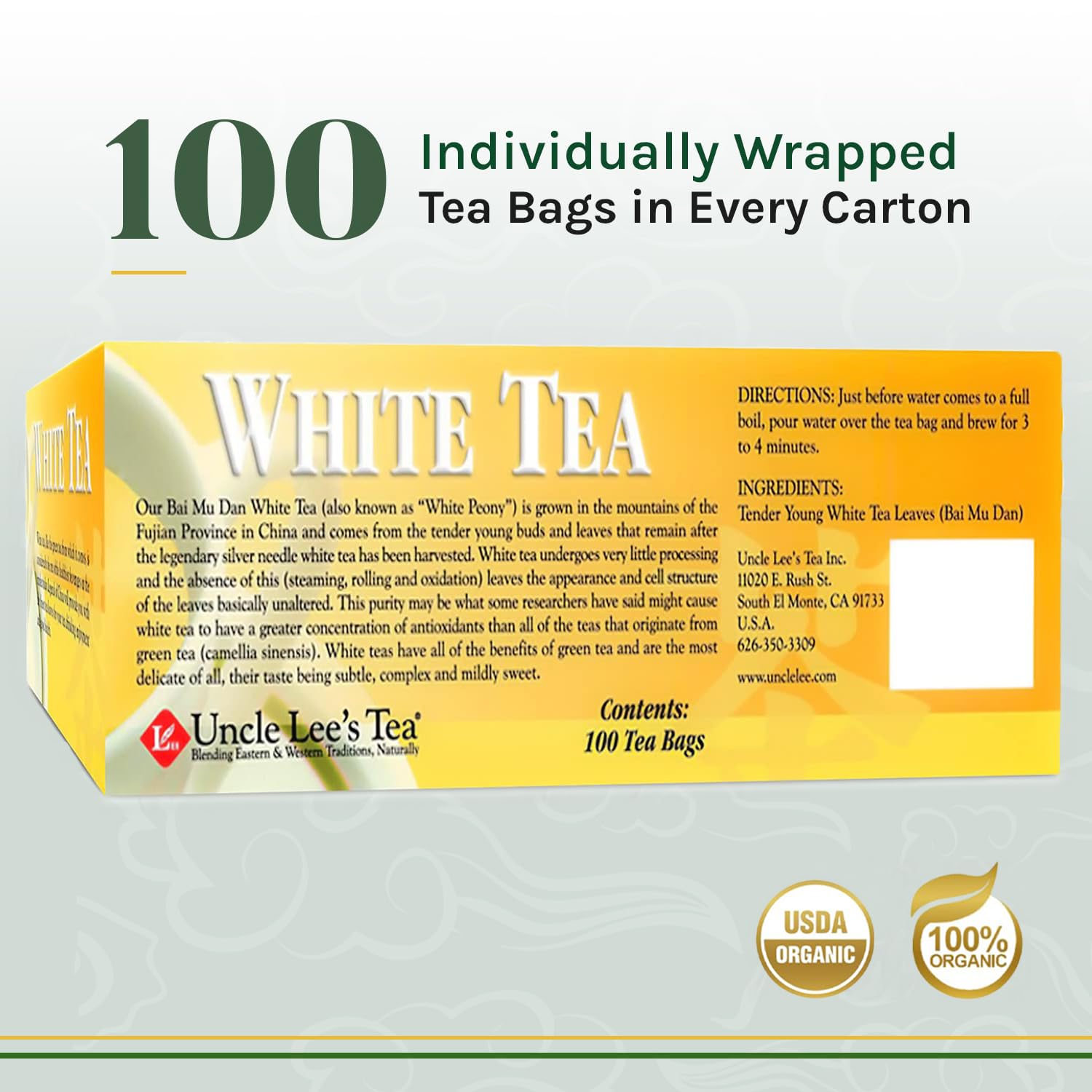 Uncle Leeu2019s Premium White Tea, Lightly Caffeinated, 100 Count u2013 Antioxidant-Rich Bai Mu Dan in Individually Wrapped Tea Bags, 5.29 Oz