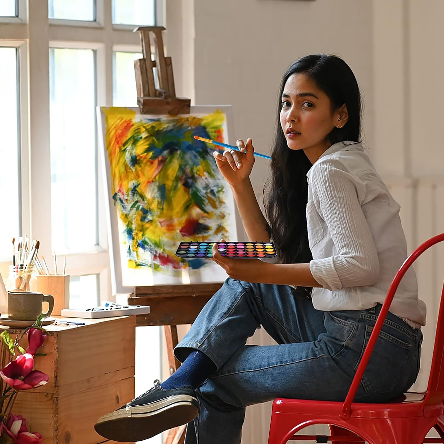 Watercolor Paint, 48 Colors Washable Watercolor Paint Set with a Brush a Refillable Water Brush Pen and Palette, Non-toxic Water Color Paints Sets for Kids Adults Artists Children Students Beginner