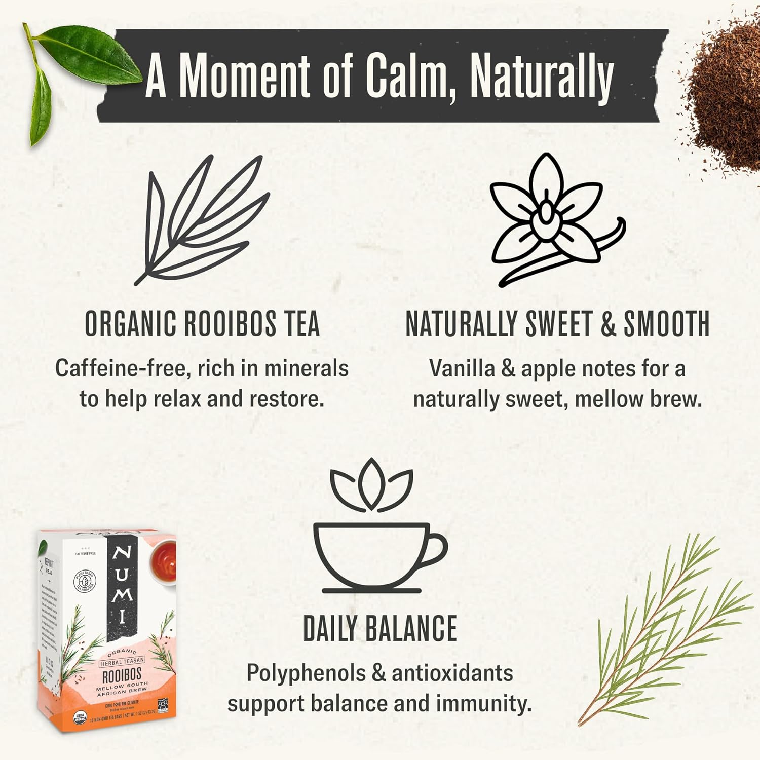 Alternative view of Numi Organic Rooibos Tea, 18 Herbal Tea Bags, Microplastic Free, Packed with Antioxidants, Great for Evening Relaxation