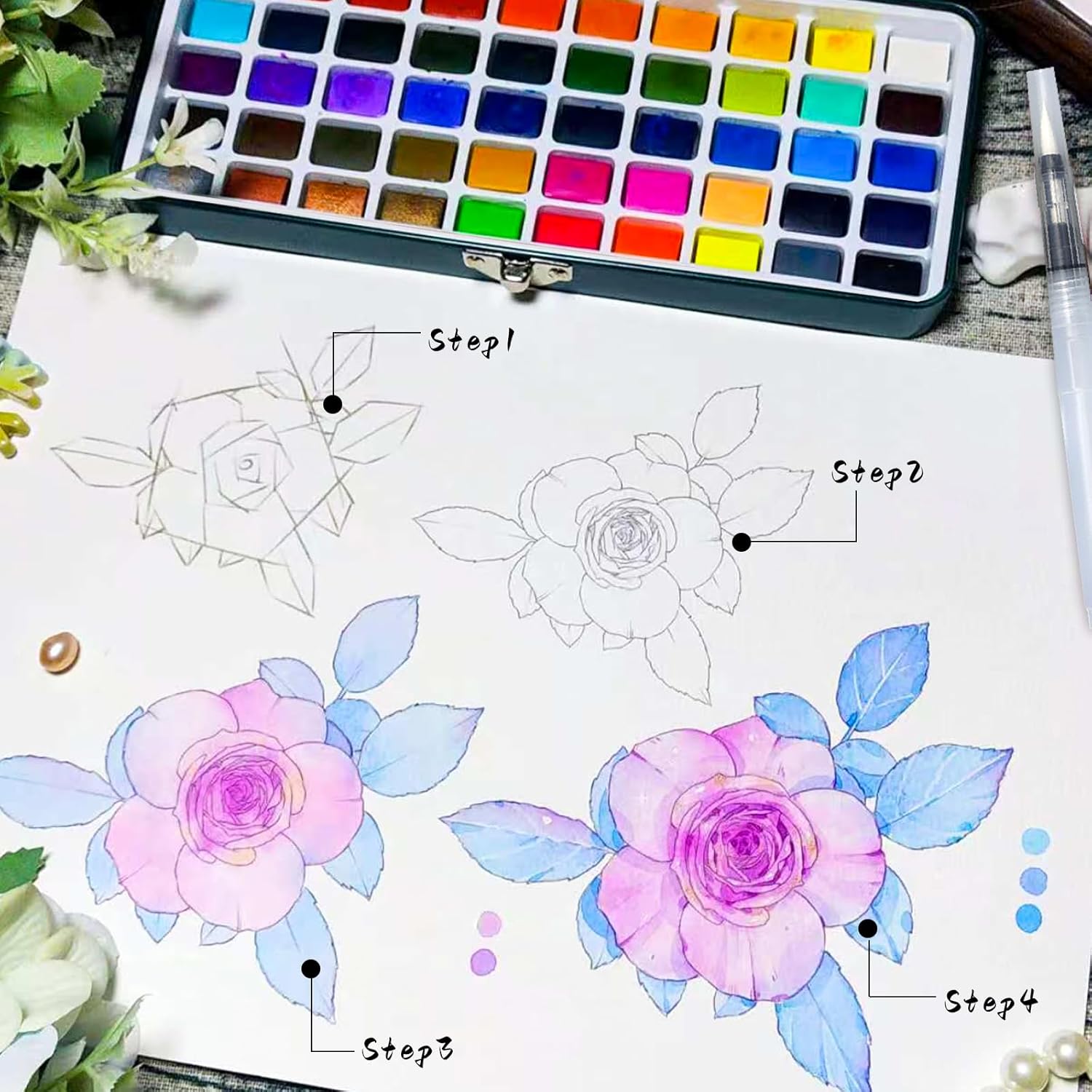 Artecho Watercolor Paint Set 100 Colors with Metallic in Portable Box, Paint Kit with Watercolor Papers and Brushes, Water Color Set for Beginners & Professionals