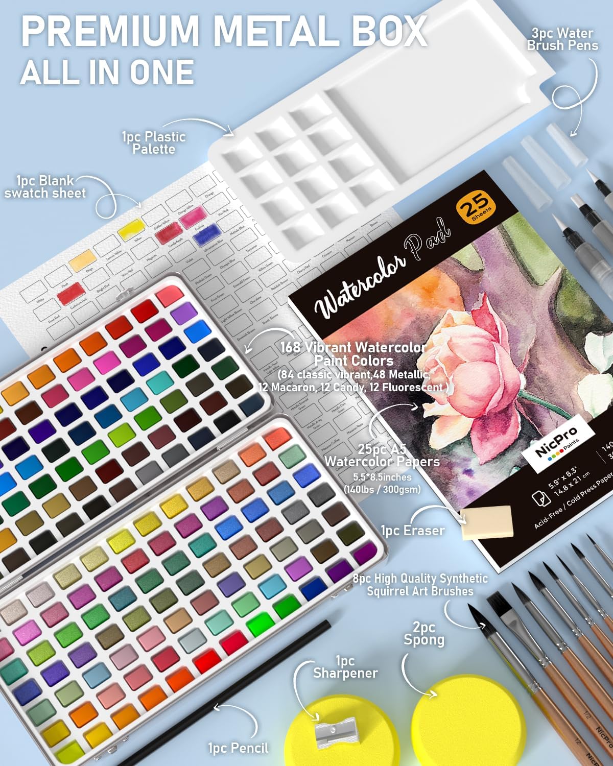 Alternative view of Nicpro 168 Colors Watercolor Paint Set include Metallic Macaron Candy Fluorescent, 8 Synthetic Squirrel Painting Brushes, 25 Water Color Paper, Palette, Art Supplies Kit for Artist Adult Beginner with Box