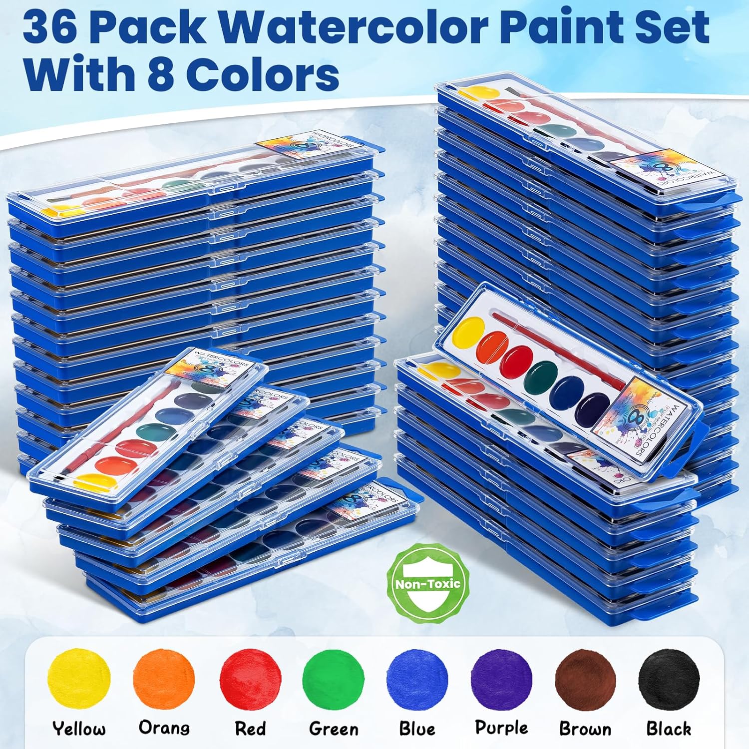 Alternative view of 36 Pack Watercolor Paint Set Bulk,8 Colors Washable WaterColor Paint for Kids, Water Color Paint with Brushes, Ideal Valentine Party Favors, Art Supplies for School Classroom Home