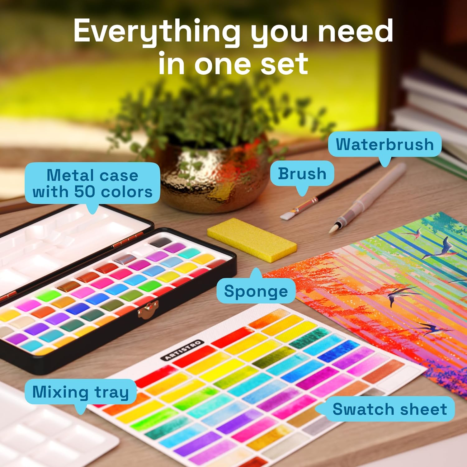 ARTISTRO 50 Colors Watercolor Paint Set - Portable Paint Set with Palette and Brush Pens - Travel Water Color Kit for Adults, Professionals, Kids - Art and Painting Supplies - Christmas Gift Idea