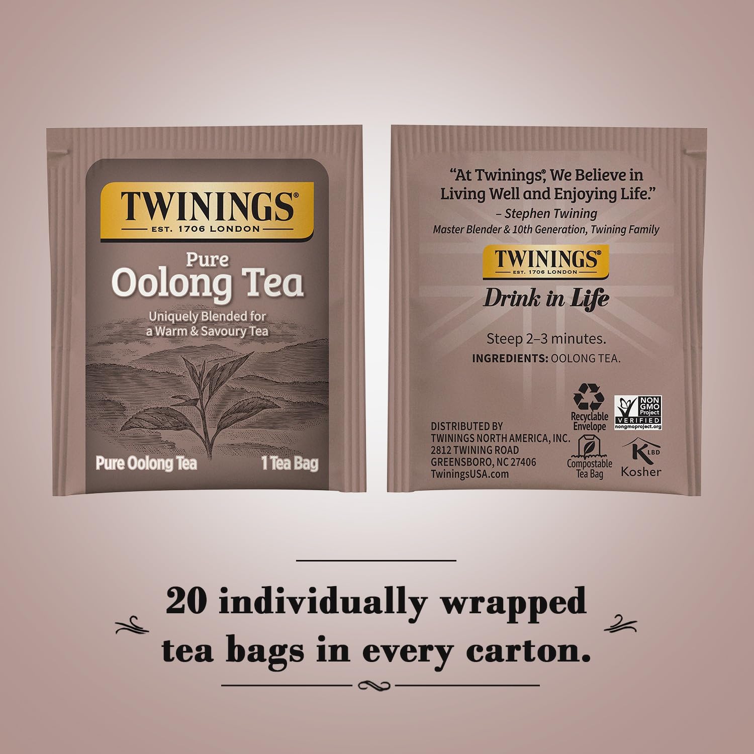 Twinings Pure Oolong Tea 2-Pack u2013 Golden Caffeinated Tea, Individually Wrapped Tea Bags, 20 Count Each