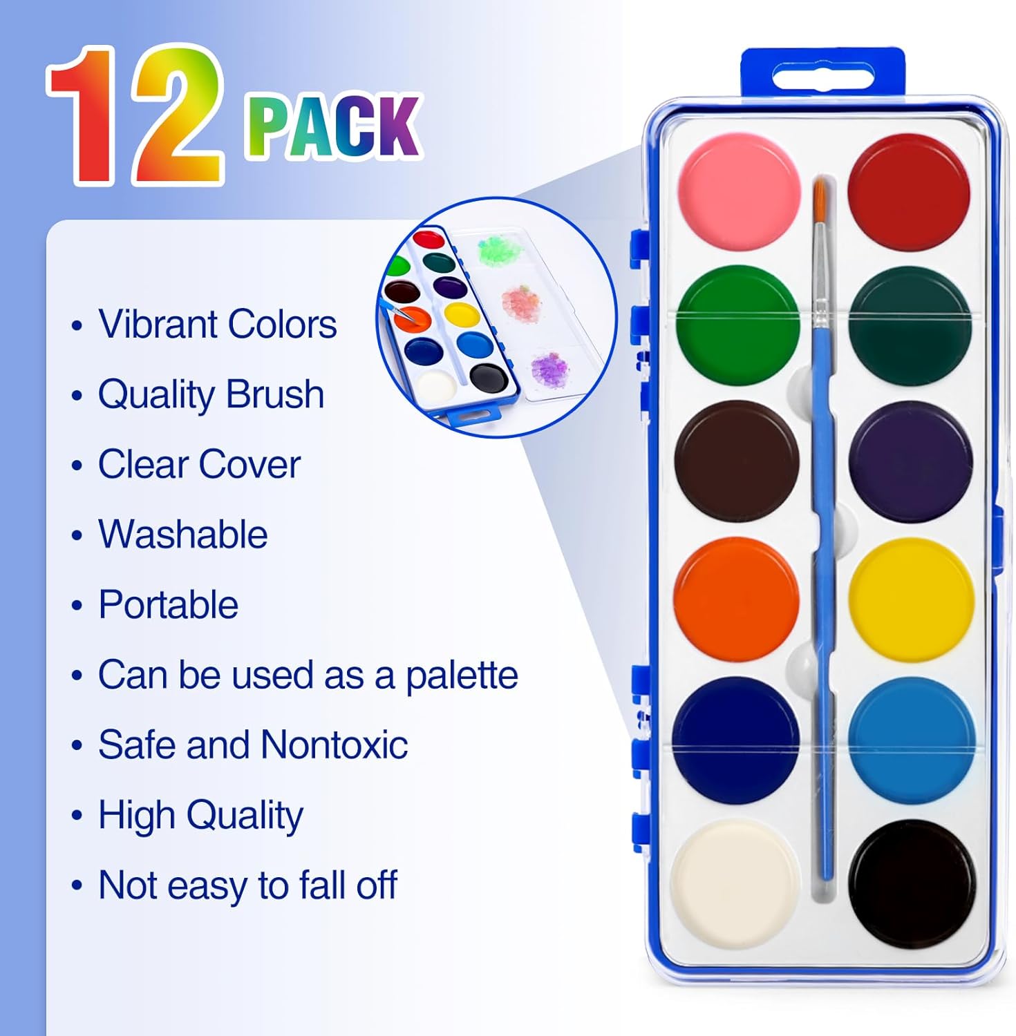 12 Pack Watercolor Paint Set for Kids, 12 Colors Water color paint sets for kids with Paint Brush, Kids Watercolors Paint Set for Party Favor, Classroom.