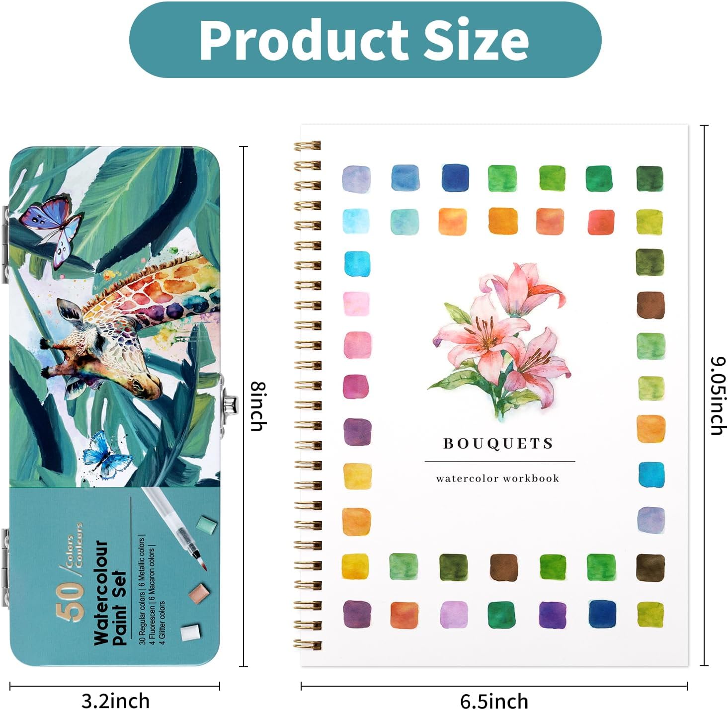 Watercolor Workbook, Water Coloring Book, 12 Different Patterns of Original DIY Designs, 50 Colors Watercolor Paint Set with Palette and Brush, Beginner-Friendly Watercolor Workbooks (Bouquets)