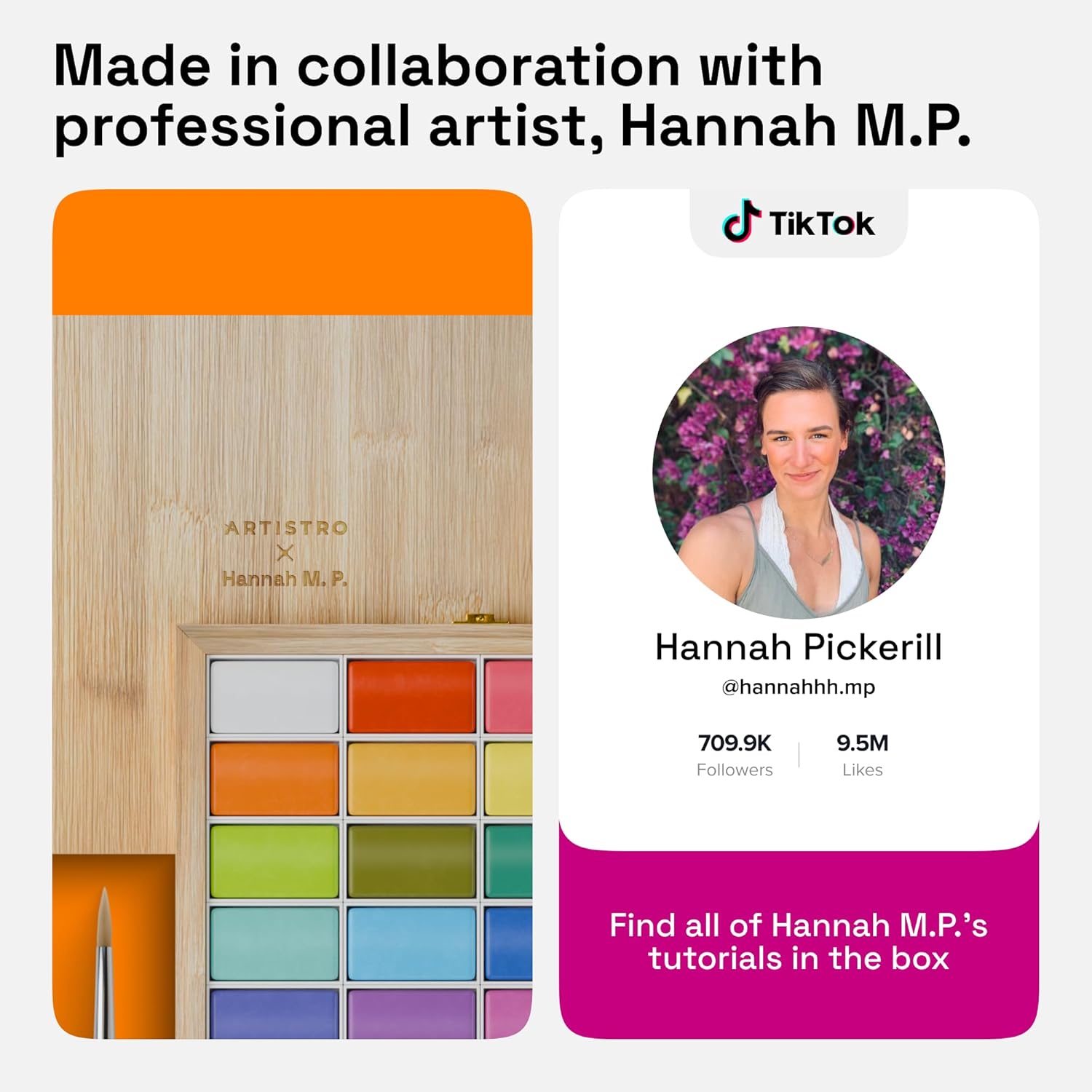 ARTISTRO x HANNAH M.P Professional Watercolor Paint Set Limited Edition with 24 colors in Bamboo Wooden Box (6ml XL Pans) - 2 Brushes, Watercolor Paper, Mixing Tray - Watercolor Set for Professionals made by professionals