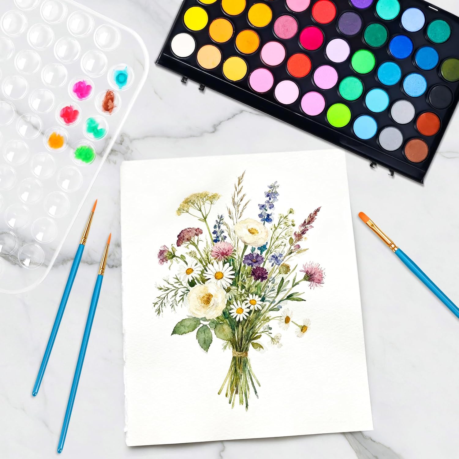 48 Color Solid Watercolor Paint Set with 3 Wooden Brushes - Non-Toxic, Vibrant & Washable Watercolor Kit for Artists, Children, Beginners, Kids - Portable Watercolor Painting Set for Travel & Studio