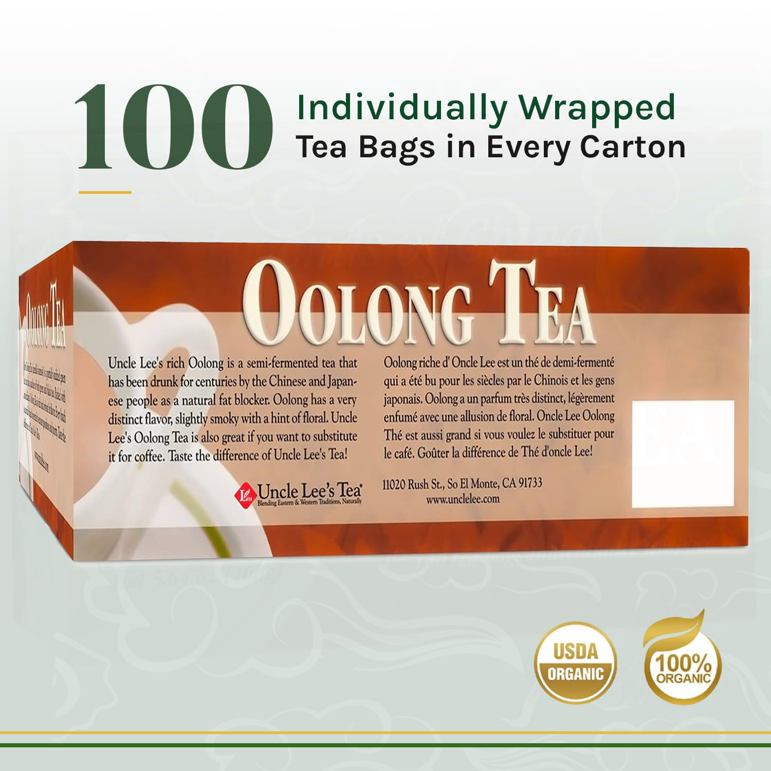Uncle Leeu2019s Premium Oolong Tea, Caffeinated, 100 Count u2013 Antioxidant-Rich Slightly Oxidized Green Tea Leaves, Individually Wrapped Bags, 5.64 Oz Ea