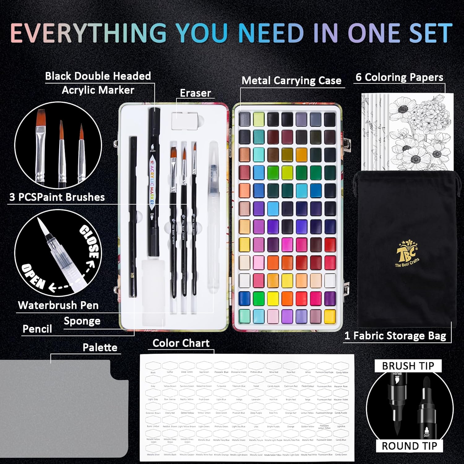 Alternative view of TBC The Best Crafts 84 Colors Watercolor Paint Set For Kids, Students and Artists, Amateur,Beginner.Set includes Coloring Sheets, Black Dual Tip Acrylic Paint Markers, Storage Bag