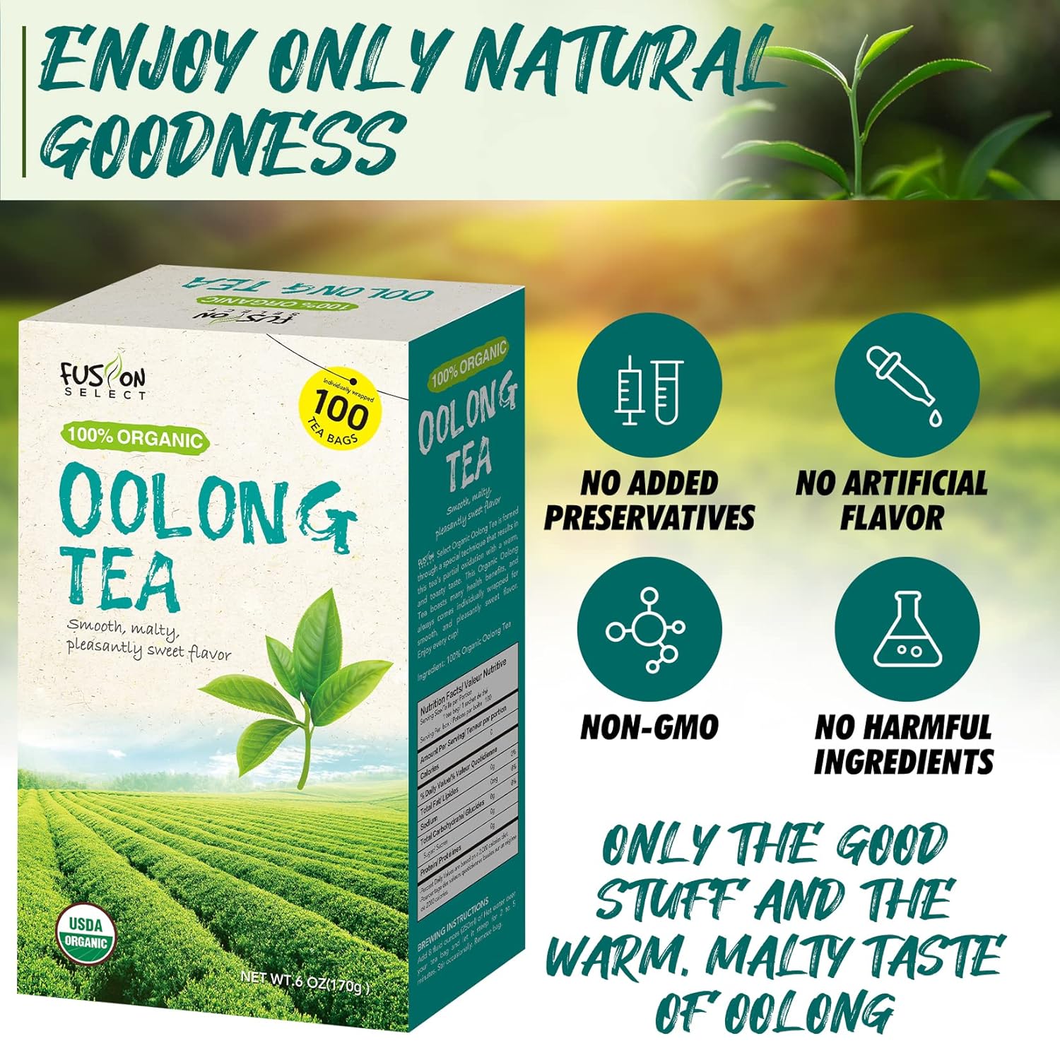 Fusion Select 200 Counts Organic Oolong Tea - Smooth, Mildly Sweet Flavor - Relaxing & Calming Fresh Herbal Drink - Instant Blend, Just Steep In Hot Water - Individually Packaged Tea Bags