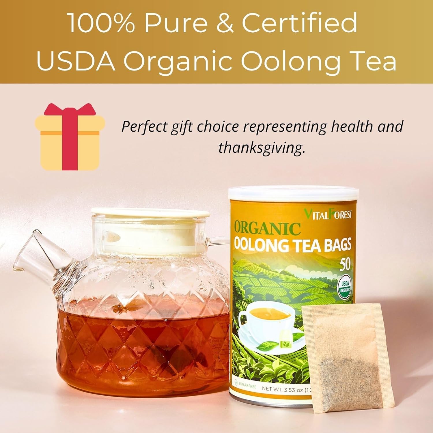 Organic Oolong Tea Bags, 50 Count, Unbleached, ECO-Conscious Chinese Oolong Tea, VitalForest High Mountain Tea Tie Guan Yin, Non-GMO, Container Pack for Gift Set - Image 3