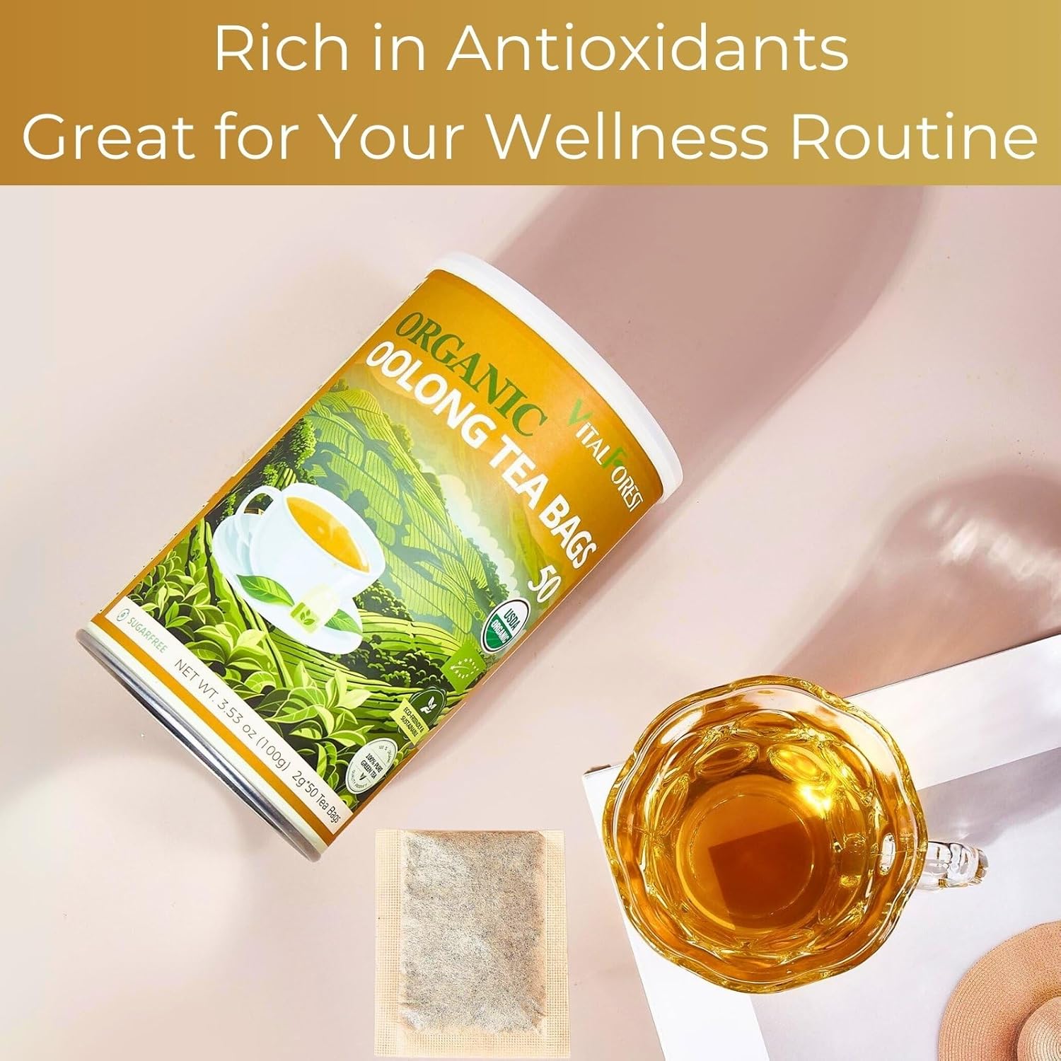 Organic Oolong Tea Bags, 50 Count, Unbleached, ECO-Conscious Chinese Oolong Tea, VitalForest High Mountain Tea Tie Guan Yin, Non-GMO, Container Pack for Gift Set - Image 6