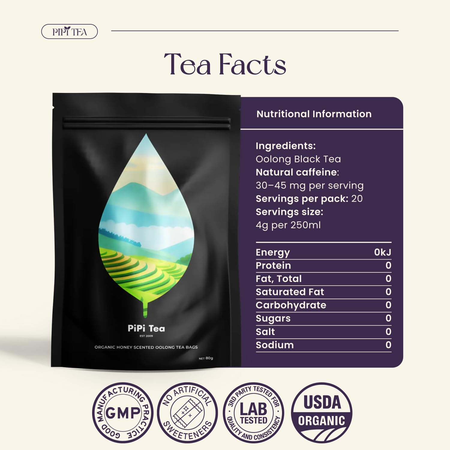 PiPi Tea Organic Oolong Tea Bags u2013 Whole Leaf, 20 Bags (4g Each) u2013 Cortisol & Calming Tea for Anxiety, Stress, Weight Loss u2013 Bulk Loose Leaf Oolong Tea