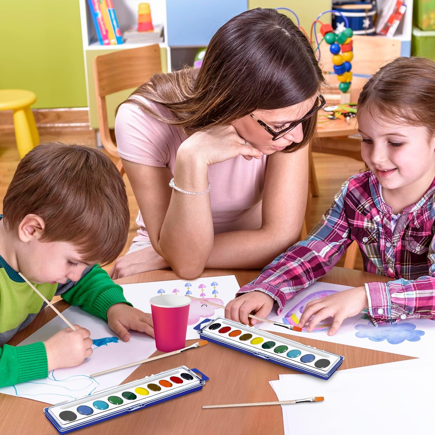 10-Color Water Color Paint Sets for Kids 30 Pack Bulk Watercolor Paint Set Washable Acuarelas Watercolor Palette Mini Paint Sets for Kids Party Favor Classroom Water Paint Kit 2 Wood Brushes Included