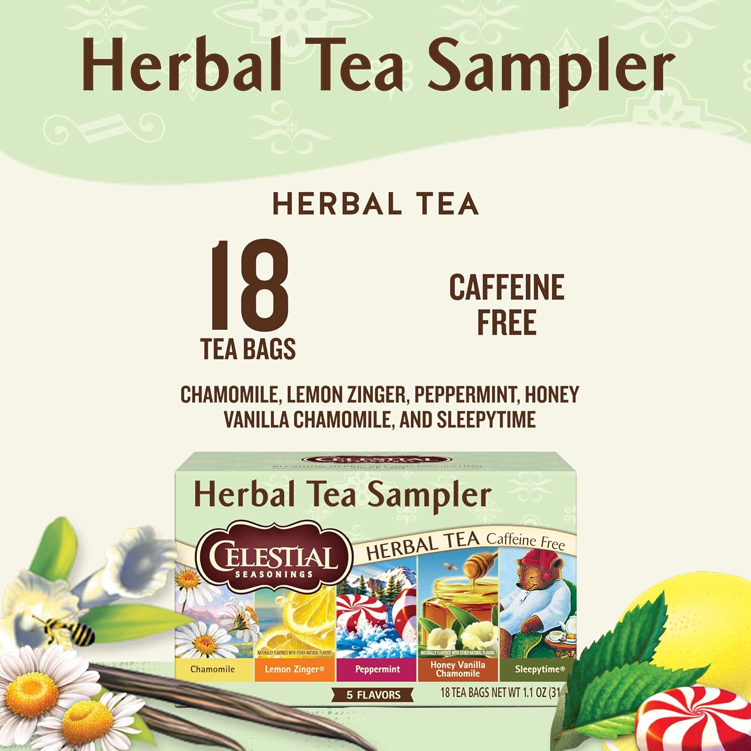 Alternative view of Celestial Seasonings Herbal Tea Sampler Variety Pack, Caffeine Free, 18 Tea Bags Box