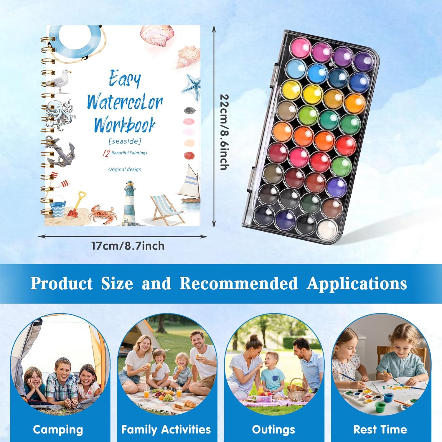 Alternative view of Watercolor workbook, watercolor paint set with book, A 12-page, spiral-bound watercolor pad, complete with 36 paint colors and a brush (Seaside)