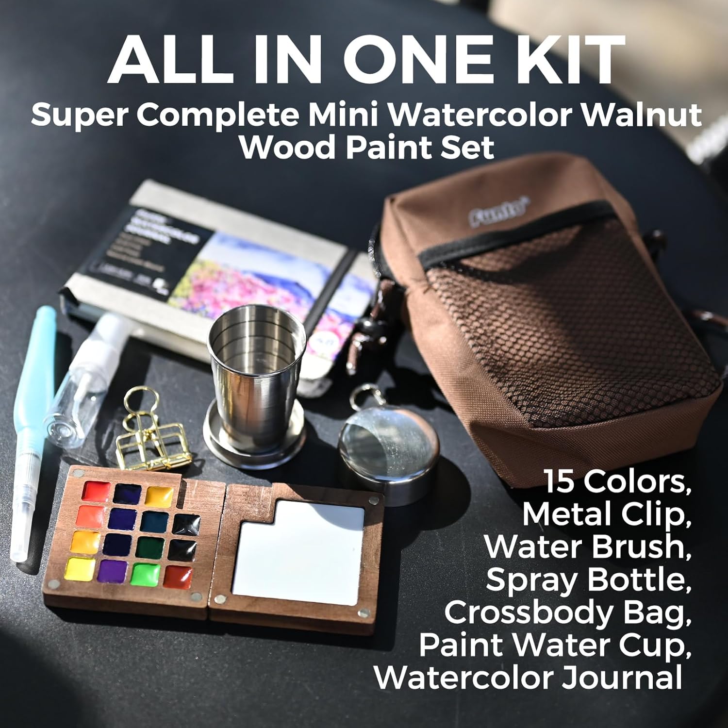 Funto Mini Watercolor Paint Set, All-in-One Walnut Wood 15-Color Premium Pocket Travel Paint Kit, with Crossbody Bag,Watercolor Journal, Metal Clip, Paint Water Cup, Water Brush Ideal for Art Lovers