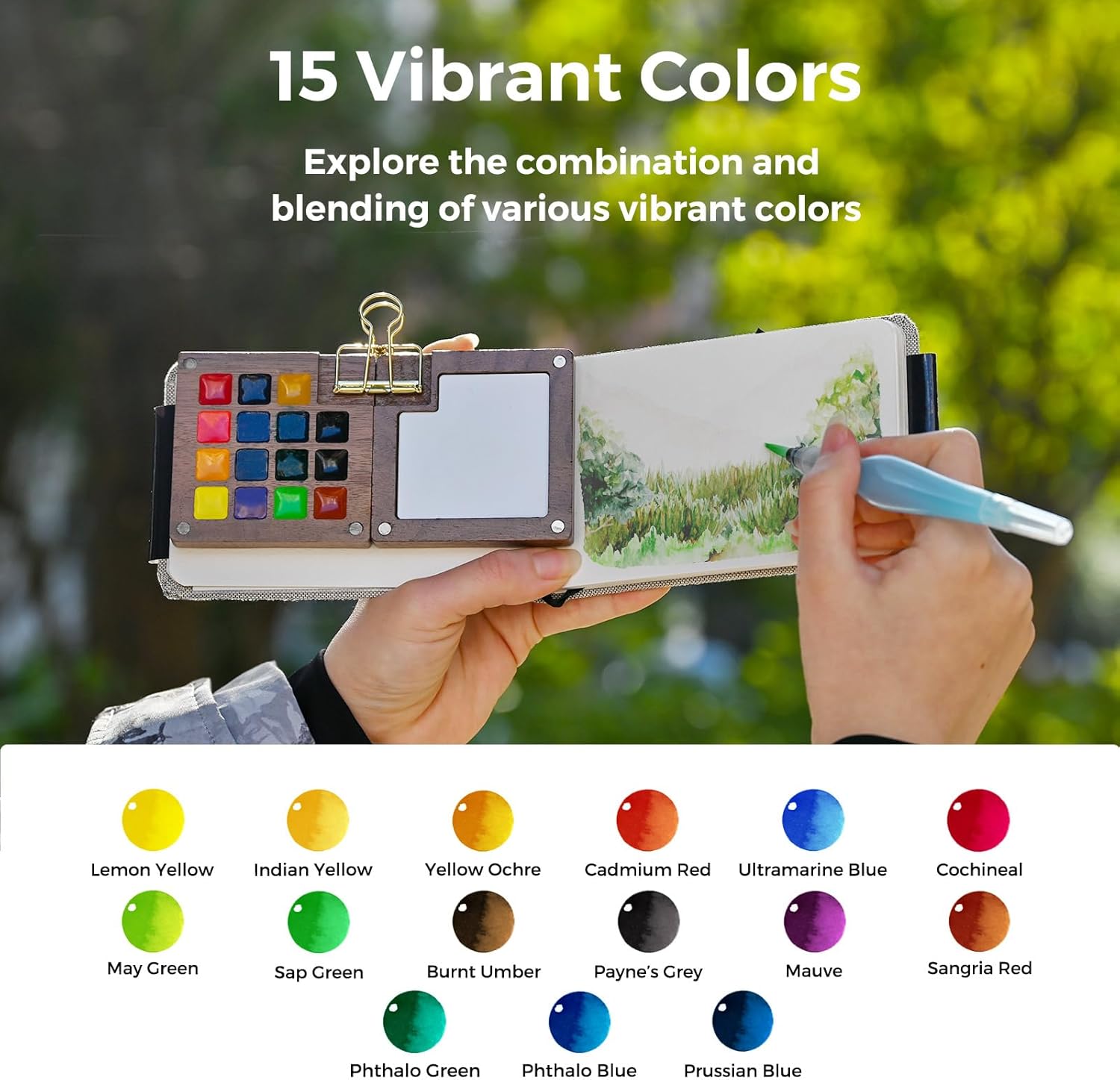 Alternative view of Funto Mini Watercolor Paint Set, All-in-One Walnut Wood 15-Color Premium Pocket Travel Paint Kit, with Crossbody Bag,Watercolor Journal, Metal Clip, Paint Water Cup, Water Brush Ideal for Art Lovers
