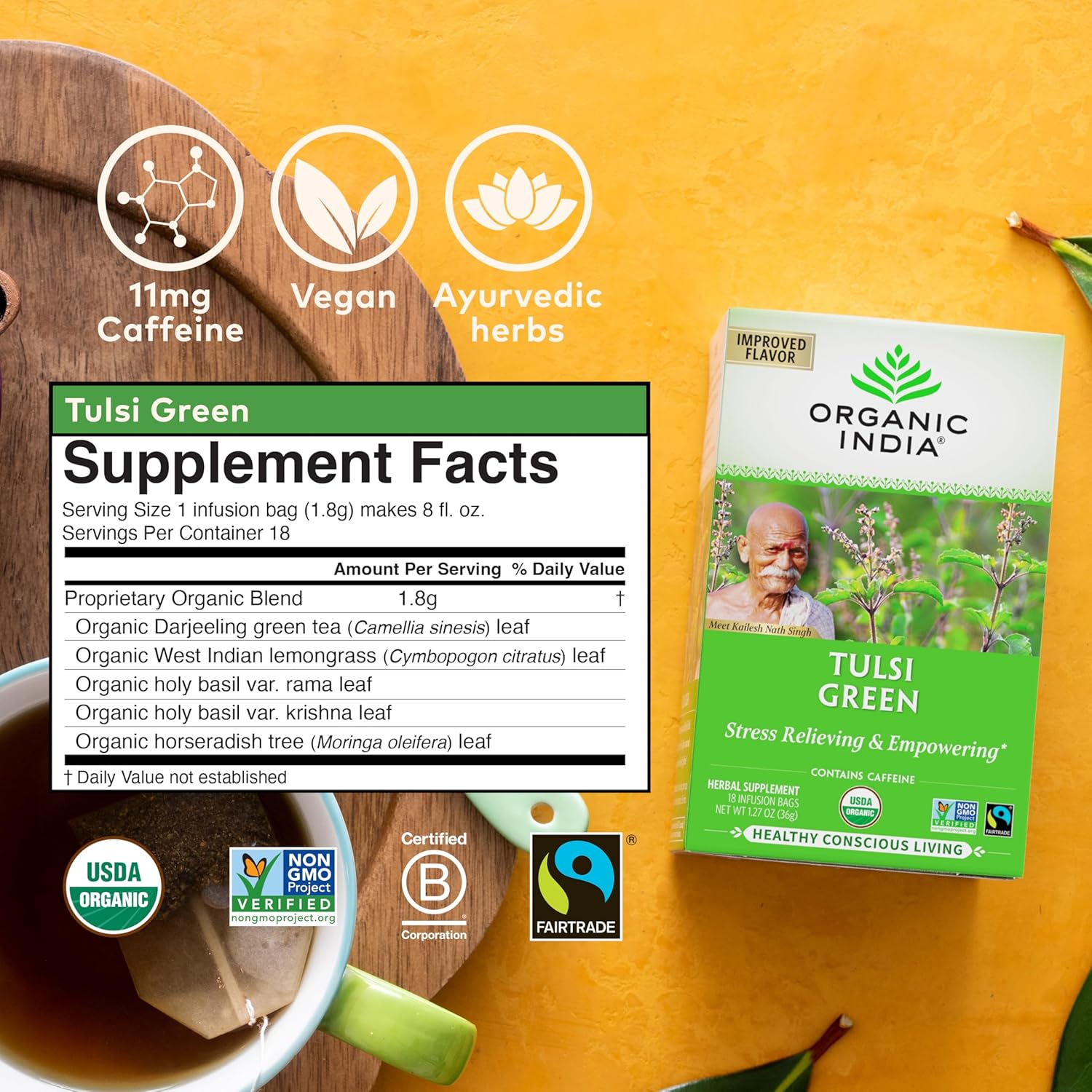 Organic India Tulsi Green Tea Bags - Holy Basil Tea, African Basil, Stress Relieving, Immune Support, USDA Certified Organic, Premium Darjeeling Green Tea, Caffeinated - 18 Infusion Bags, 6 Pack