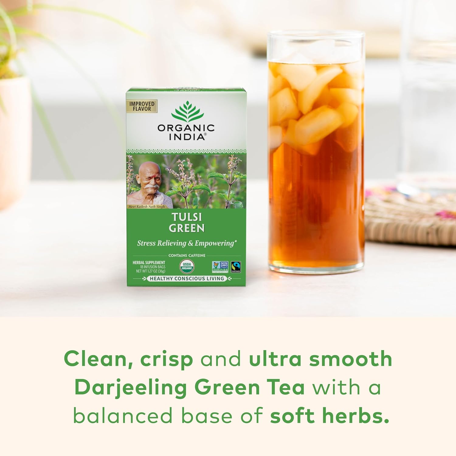 Alternative view of Organic India Tulsi Green Tea Bags - Holy Basil Tea, African Basil, Stress Relieving, Immune Support, USDA Certified Organic, Premium Darjeeling Green Tea, Caffeinated - 18 Infusion Bags, 6 Pack
