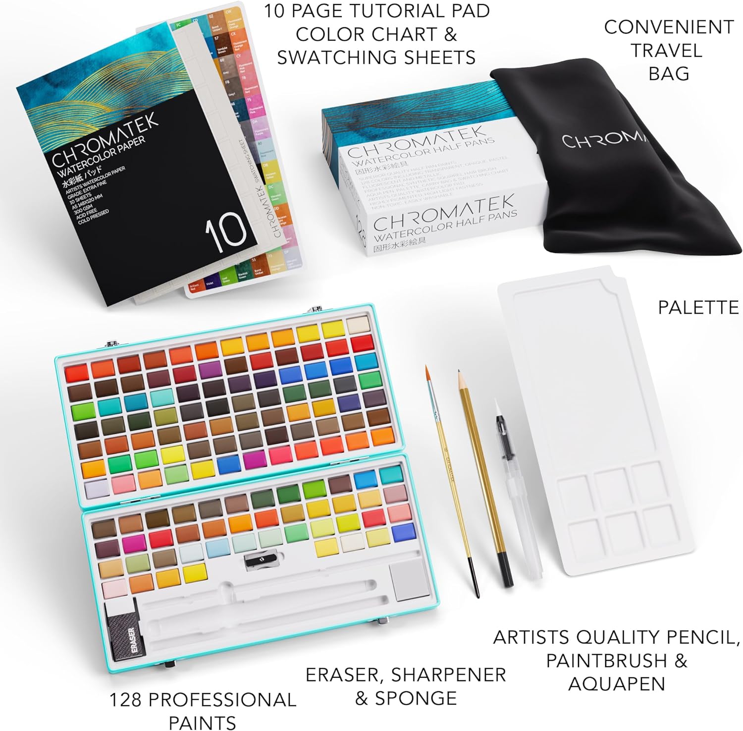 CHROMATEK Watercolor Paint Set u2013 128 Vibrant Colors for Artists & Beginners with Palette u2013 Includes Metallic, Fluorescent, Pastel & Opaque Shades, Brushes, Pad, Swatch Sheets & Travel Case