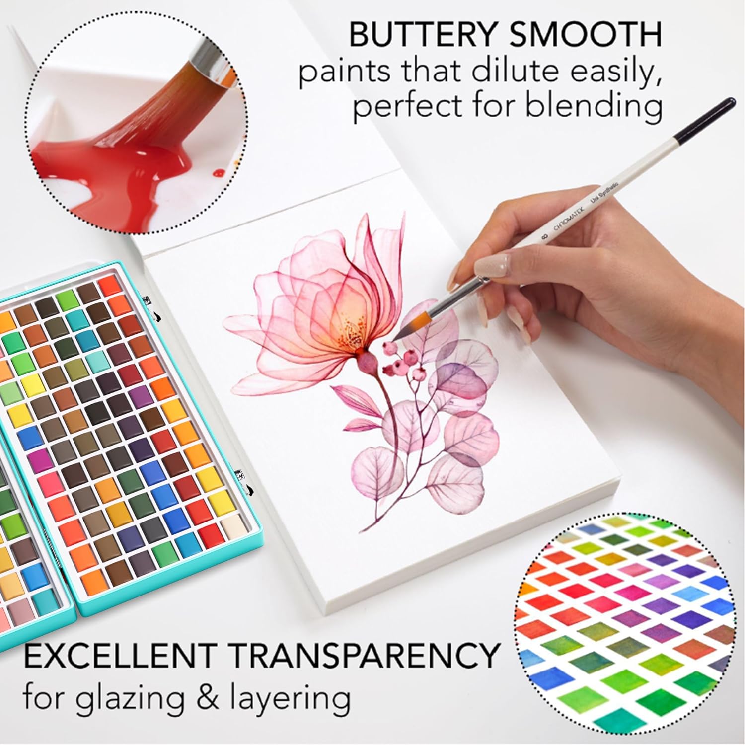 Alternative view of CHROMATEK Watercolor Paint Set u2013 128 Vibrant Colors for Artists & Beginners with Palette u2013 Includes Metallic, Fluorescent, Pastel & Opaque Shades, Brushes, Pad, Swatch Sheets & Travel Case