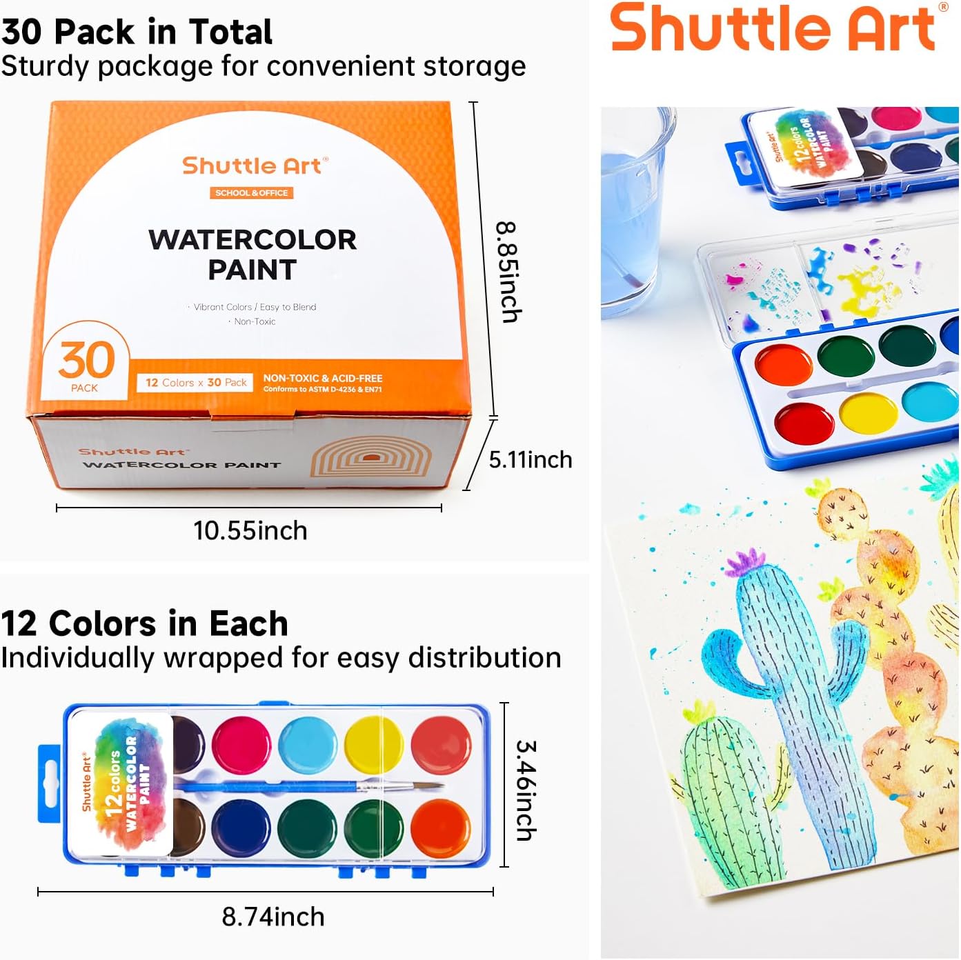 Alternative view of Shuttle Art 30 Pack Watercolor Paint Set Bulk, 12 Colors Watercolor Paint Set bulk with Paint Brushes for Kids and Adults, Washable Paint for Classroom, Parties, Kindergarten and Art Activities