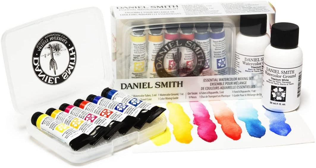 Daniel Smith Watercolor, 5ml Tubes, Essential Mixing Set with 6 Essential Watercolor Tubes, 1oz Watercolor Ground, Mixing Guide, Plastic Case (Total 9 Pieces) 285610117