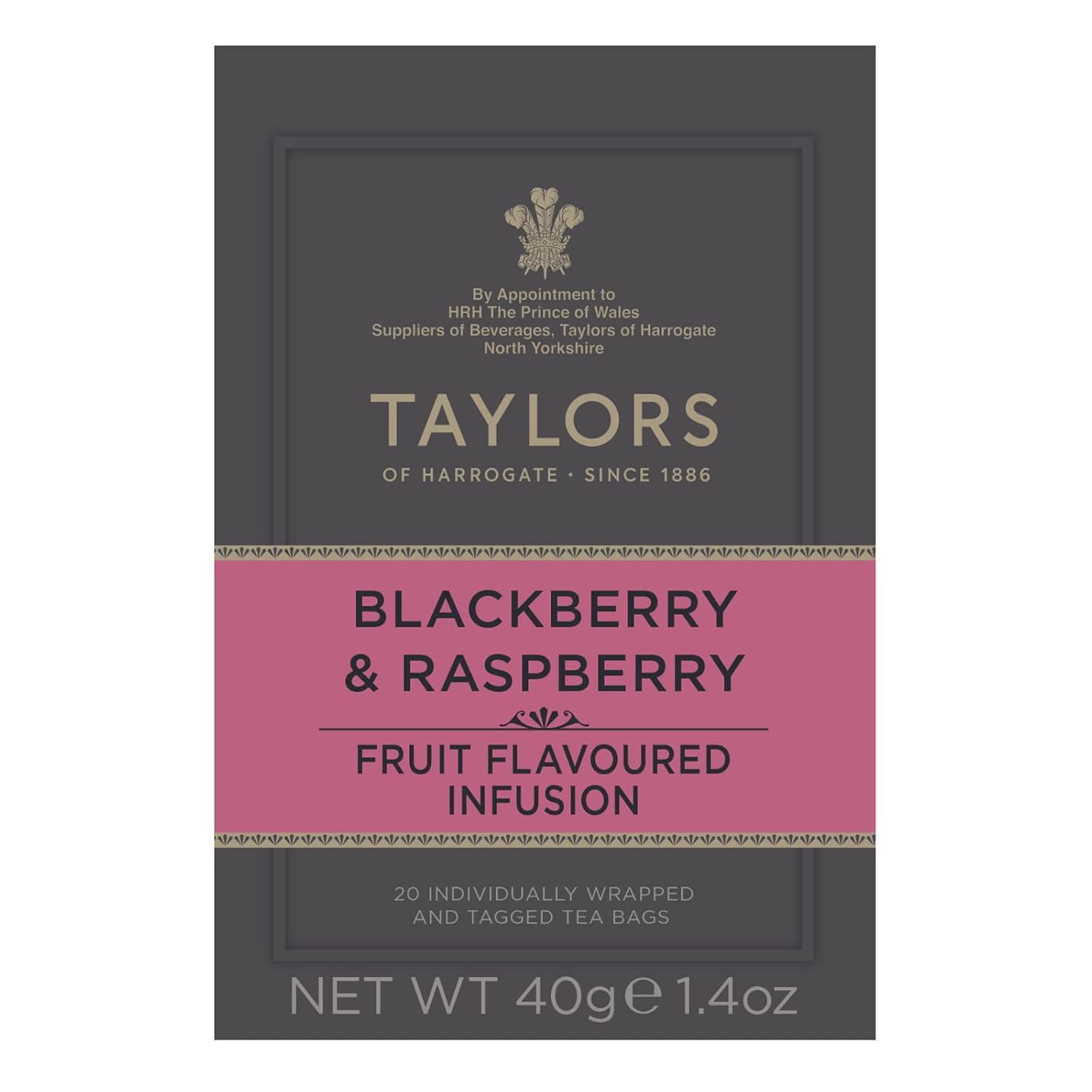 Taylors of Harrogate Blackberry & Raspberry, Herbal Tea, Individually Wrapped Bags, 20 Count (Pack of 1), Sweet, Tart & Tangy, Caffeine-Free, Enjoy Hot or Iced, 20 Teabags