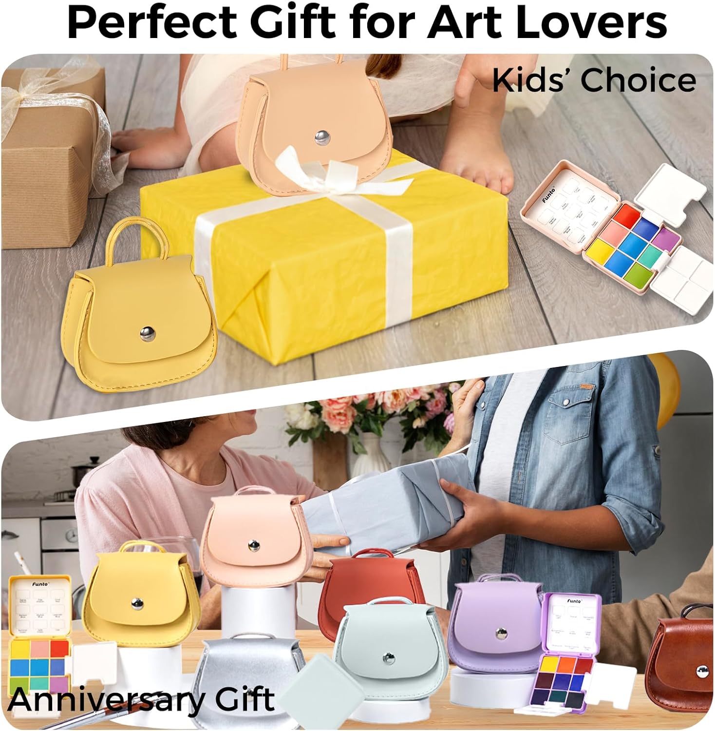 Funto Mini Watercolor Set Travel Kit with 9 Colors, Leather Bag & Watercolor Paper, Portable Drawing & Painting Supplies for Beginners, Art Gift Set