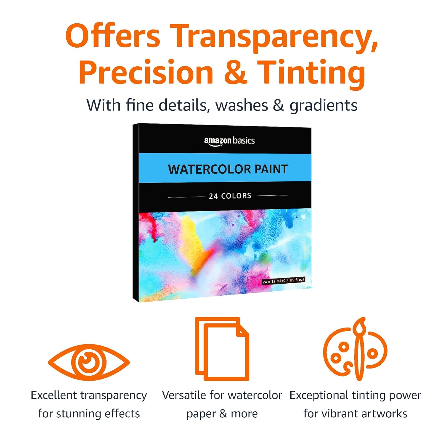 Amazon Basics Vibrant Watercolor Paint Set Tubes, 24 Colors, Assorted Colors