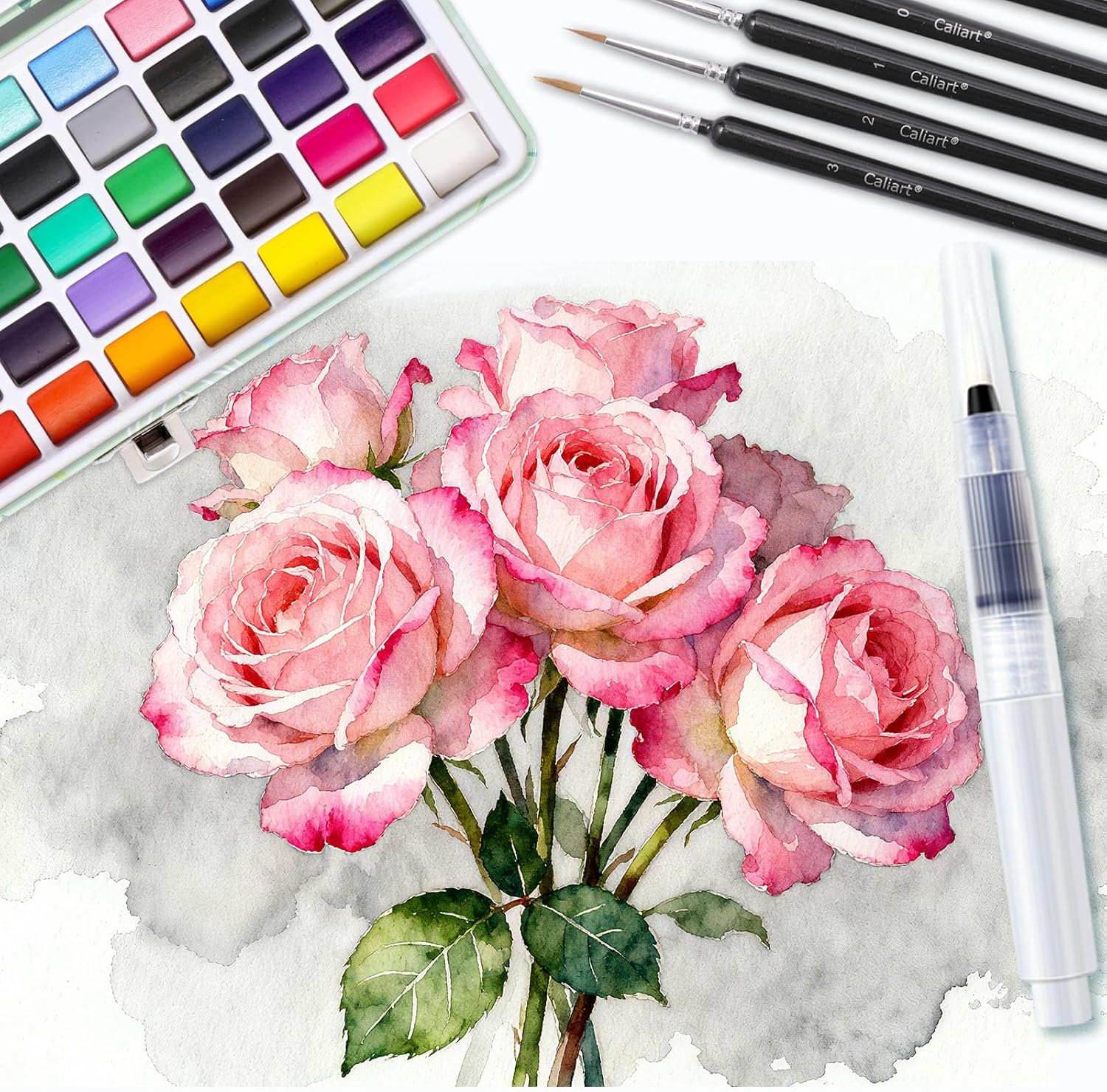 Caliart Watercolor Paint Set, 50 Colors Portable Travel Water Color Palette Kit with Detail Paint Brush, Art Supplies for Painting Coloring, Drawing Gifts for Adults Professional Artists