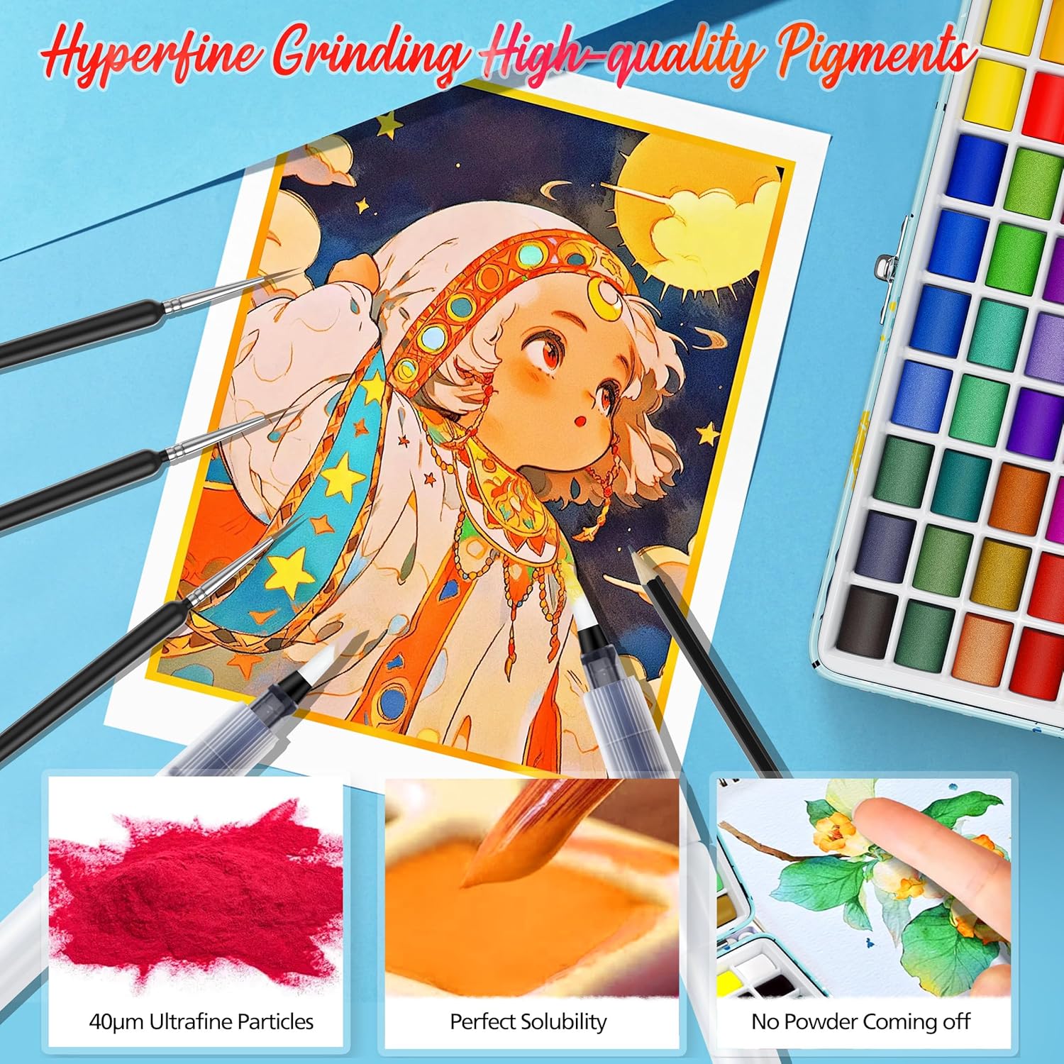 Alternative view of Caliart Watercolor Paint Set, 50 Colors Portable Travel Water Color Palette Kit with Detail Paint Brush, Art Supplies for Painting Coloring, Drawing Gifts for Adults Professional Artists