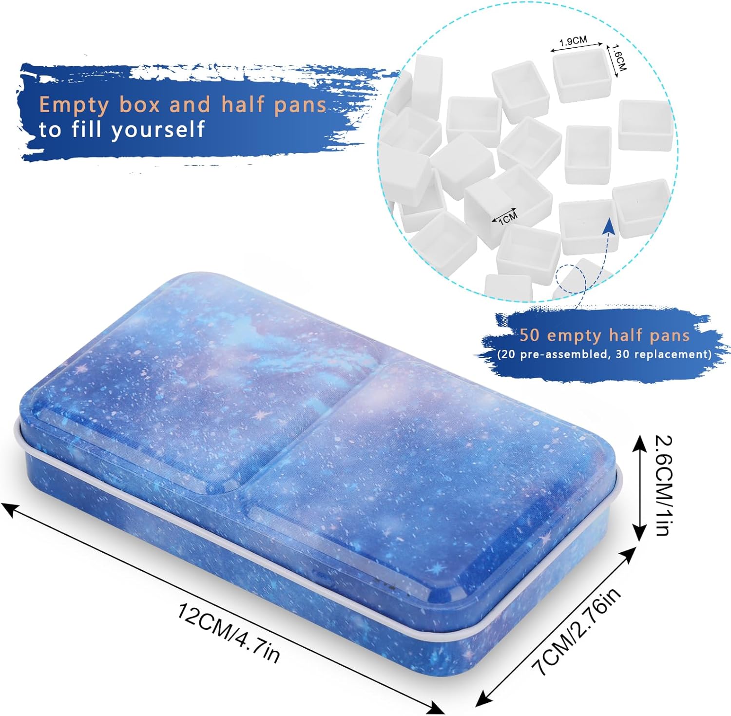 PEVART Watercolor Tin Palette, Metal Empty Paint Case with 50 PCS Empty Half Pans and a Water Color Pen Suitable for DIY Travel Watercolor Palette, Acrylic and Oil Painting