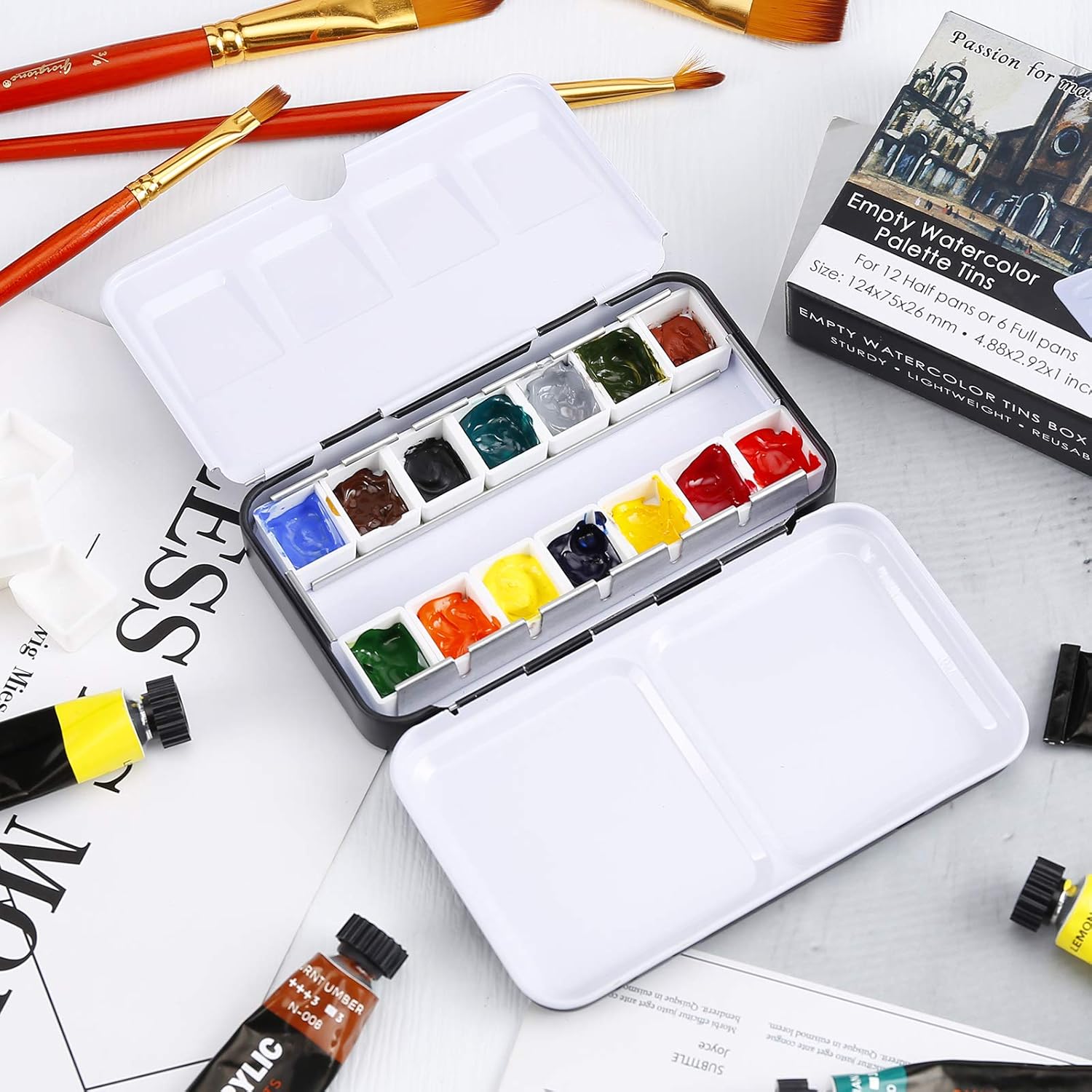 MYARTOOL Watercolor Tin Palette, Metal Empty Paint Case with 12 PCS Empty Half Pans for DIY Travel Watercolor Palette, Acrylic and Oil Painting