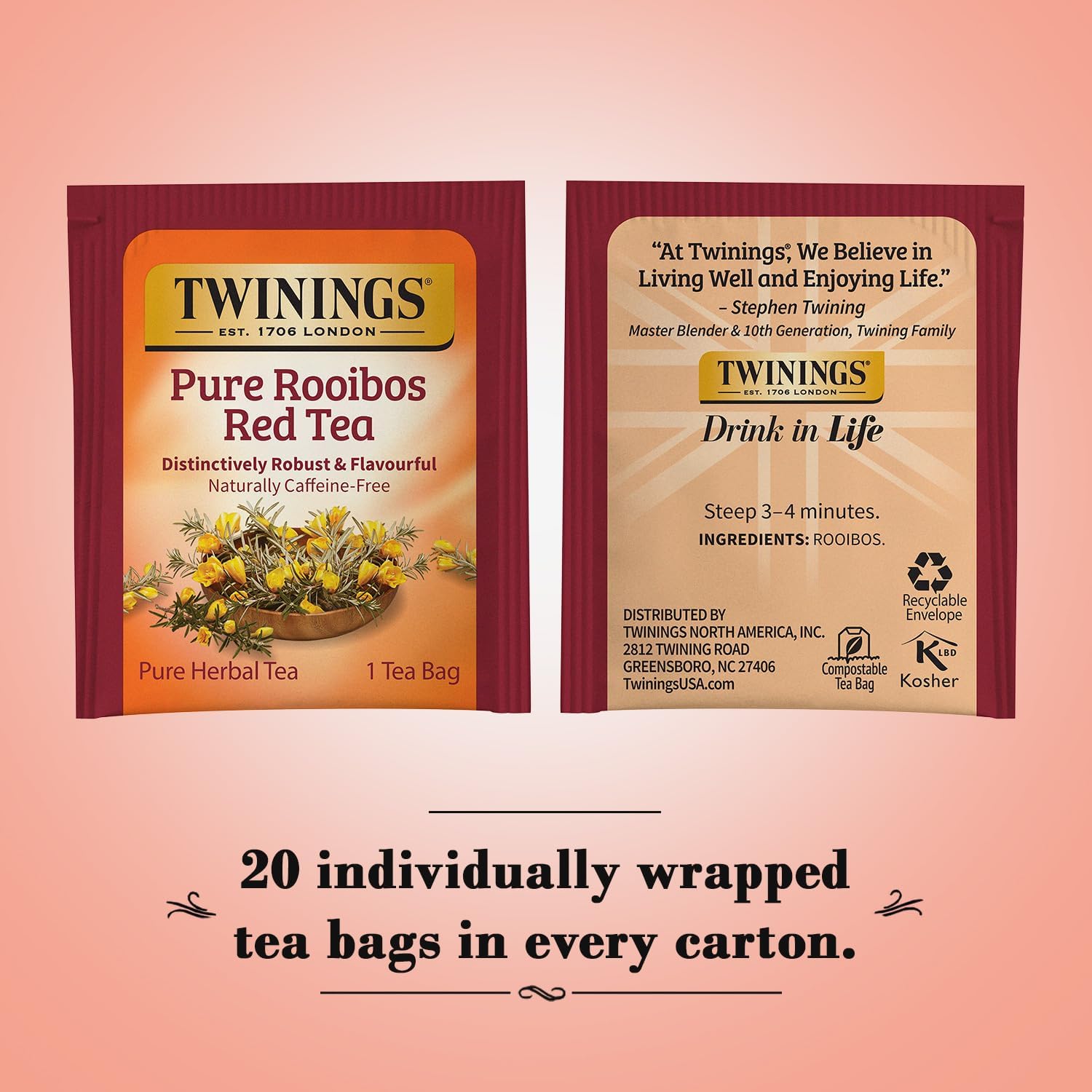 Twinings Pure Rooibos Red Tea - A Naturally Sweet and Tangy Red Tea, Caffeine-Free Herbal Tea Bags, Individually Wrapped, 20 Count (Pack of 2)