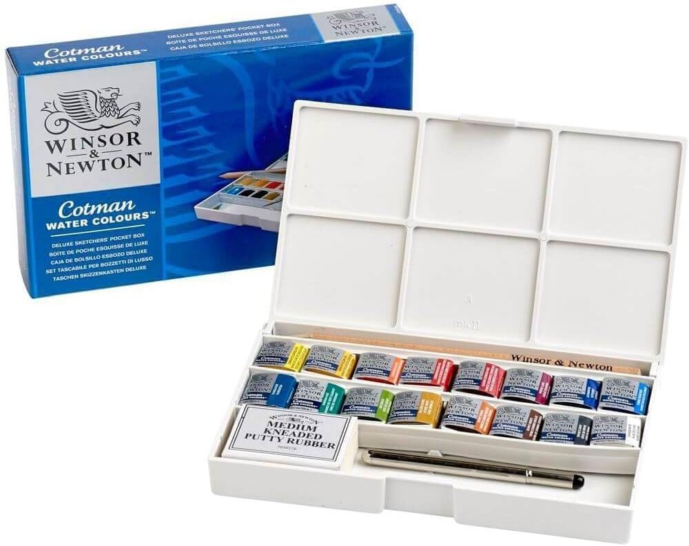 Alternative view of Winsor & Newton Cotman Watercolor Paint Set, Complete Pocket Set, 16 Half Pan w/ Brush, Eraser, Mixing Palette