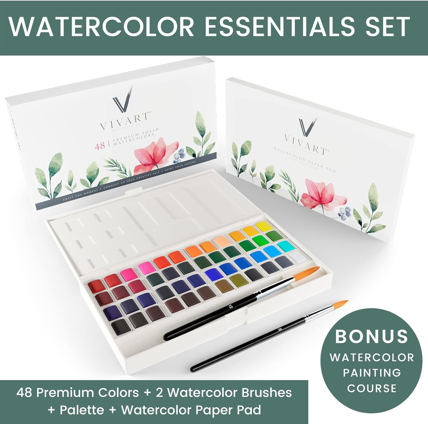 Vivart Premium 48‑Color Watercolor Set for Adults & Beginners – 48 Vivid Half‑Pans, 2 Artist‑Grade Brushes (Sizes 8 & 12), 20‑Sheet 300 gsm Cold‑Press Paper Pad & Step‑by‑Step e‑Course