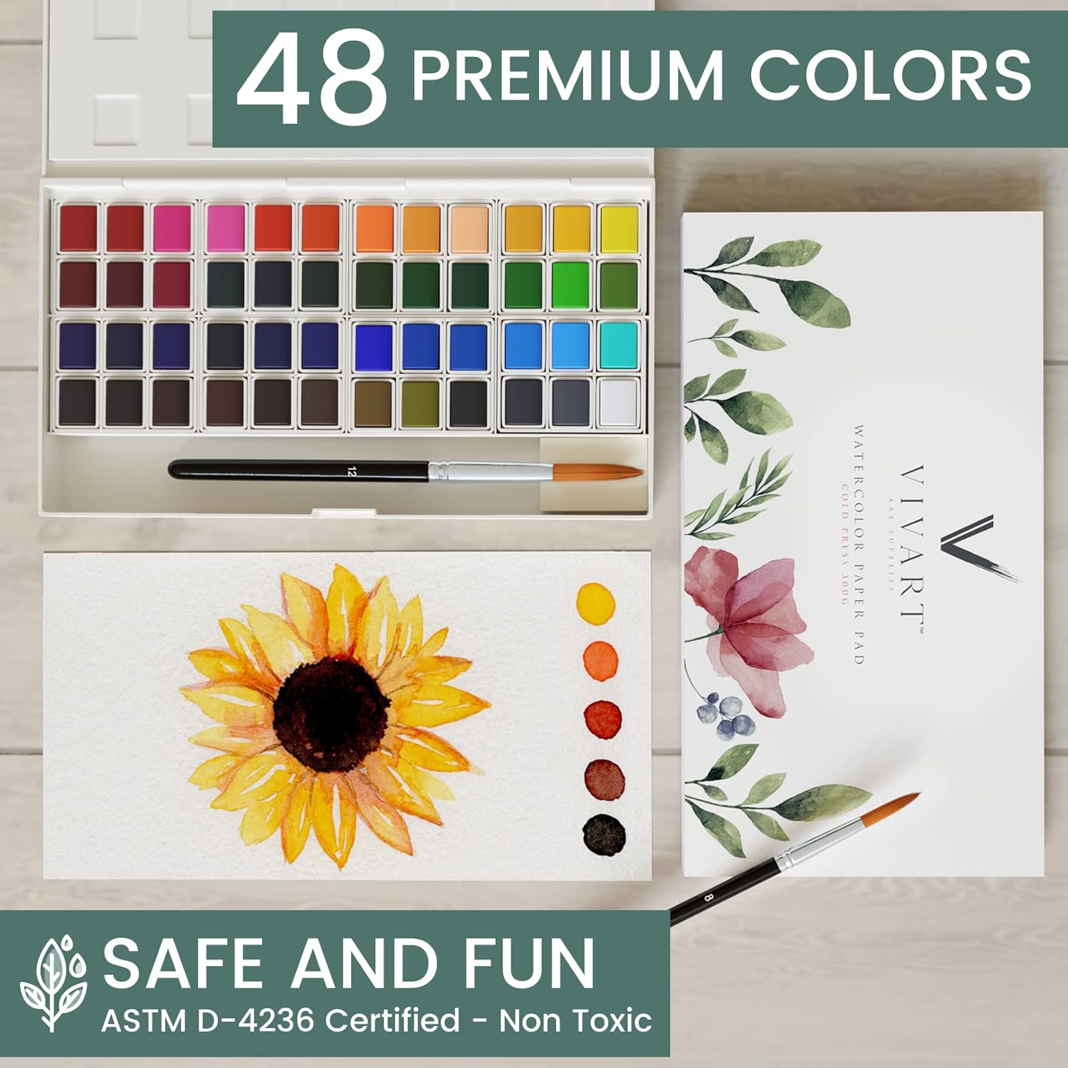 Alternative view of Vivart Premium 48‑Color Watercolor Set for Adults & Beginners – 48 Vivid Half‑Pans, 2 Artist‑Grade Brushes (Sizes 8 & 12), 20‑Sheet 300 gsm Cold‑Press Paper Pad & Step‑by‑Step e‑Course