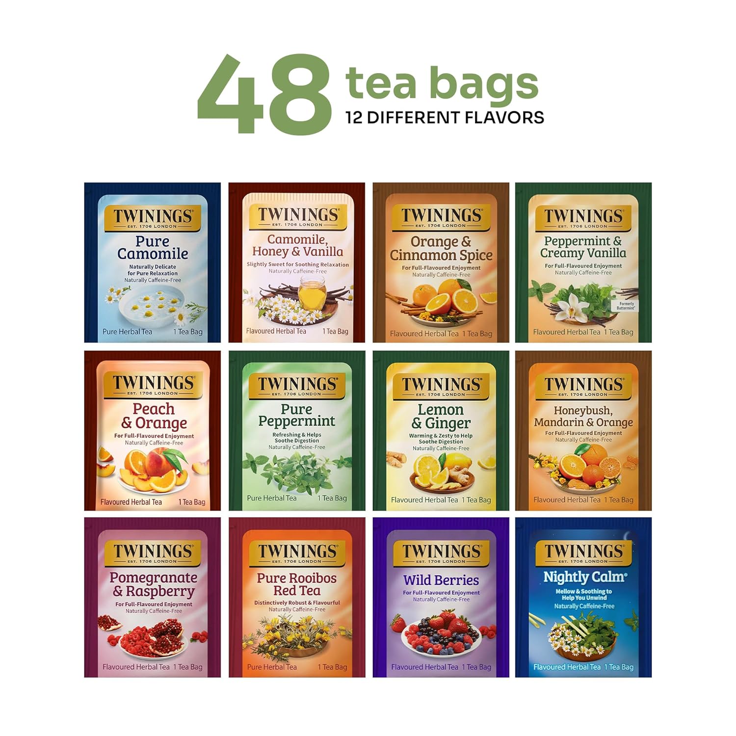 Alternative view of Twinings 48 Tea Bags Herbal Variety Pack u2013 12 Herbal Flavors, Caffeine-Free, Individually Wrapped, Perfect Tea for Any Occasion