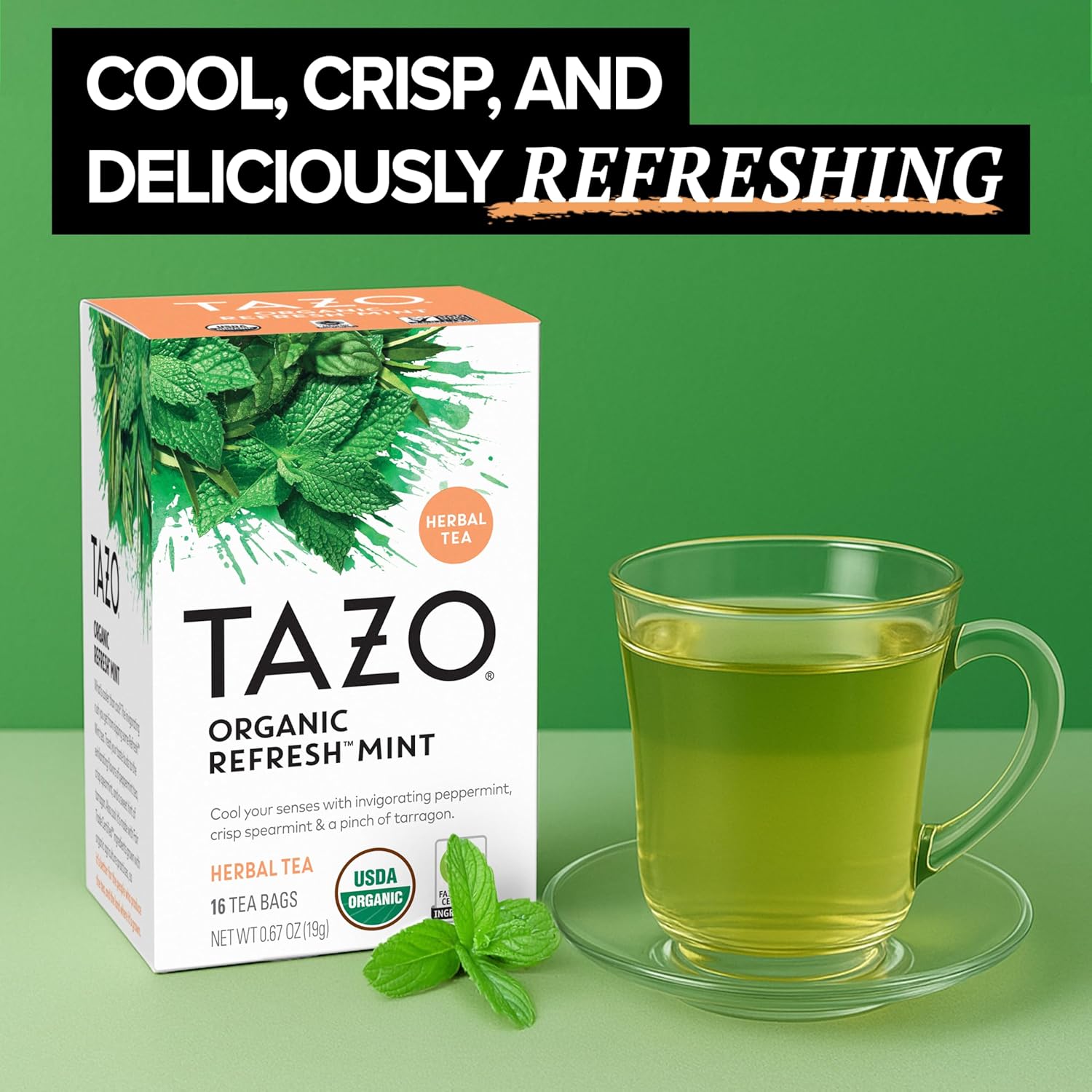 TAZO Organic Refresh Mint Herbal Tea Bags with Peppermint and Spearmint, Caffeine Free, 16 Total Tea Sachets