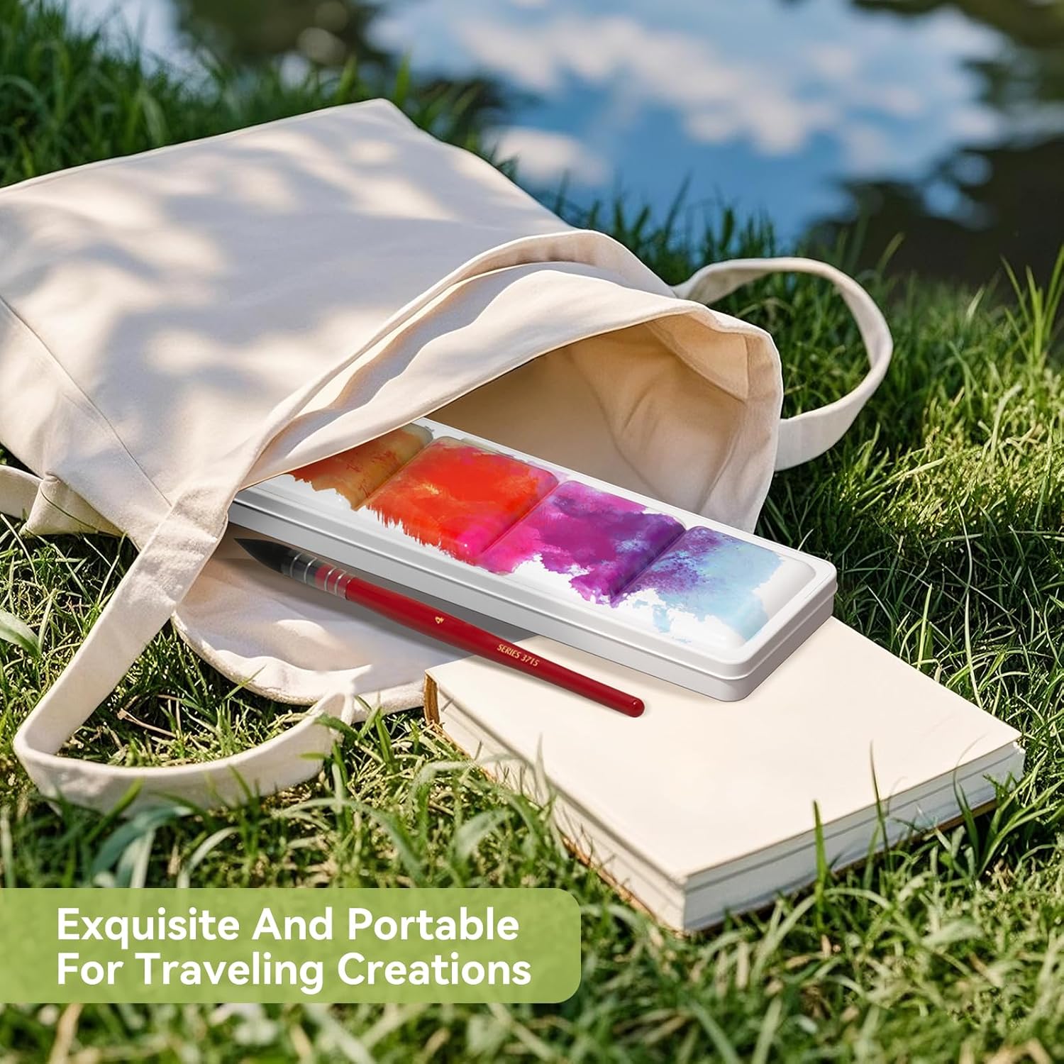 24 Colors Solid Watercolor Paint Set, Vibrant and Highly Pigmented Colors, Removable Pans and Built-in Palette, Portable Metal Case for Students, Beginners, and Outdoor Sketching