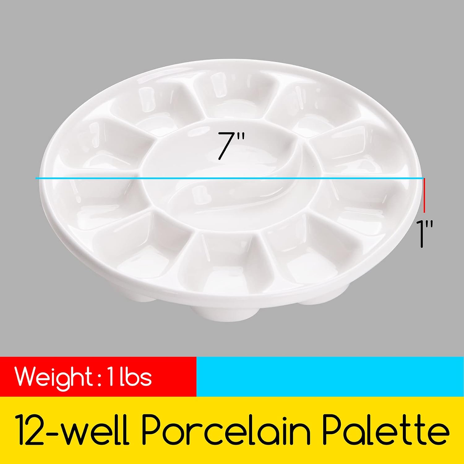 Alternative view of MEEDEN 12-Well Round Porcelain Watercolor Paint Palette for Watercolor Gouache Acrylic Oil Painting, 7-Inch