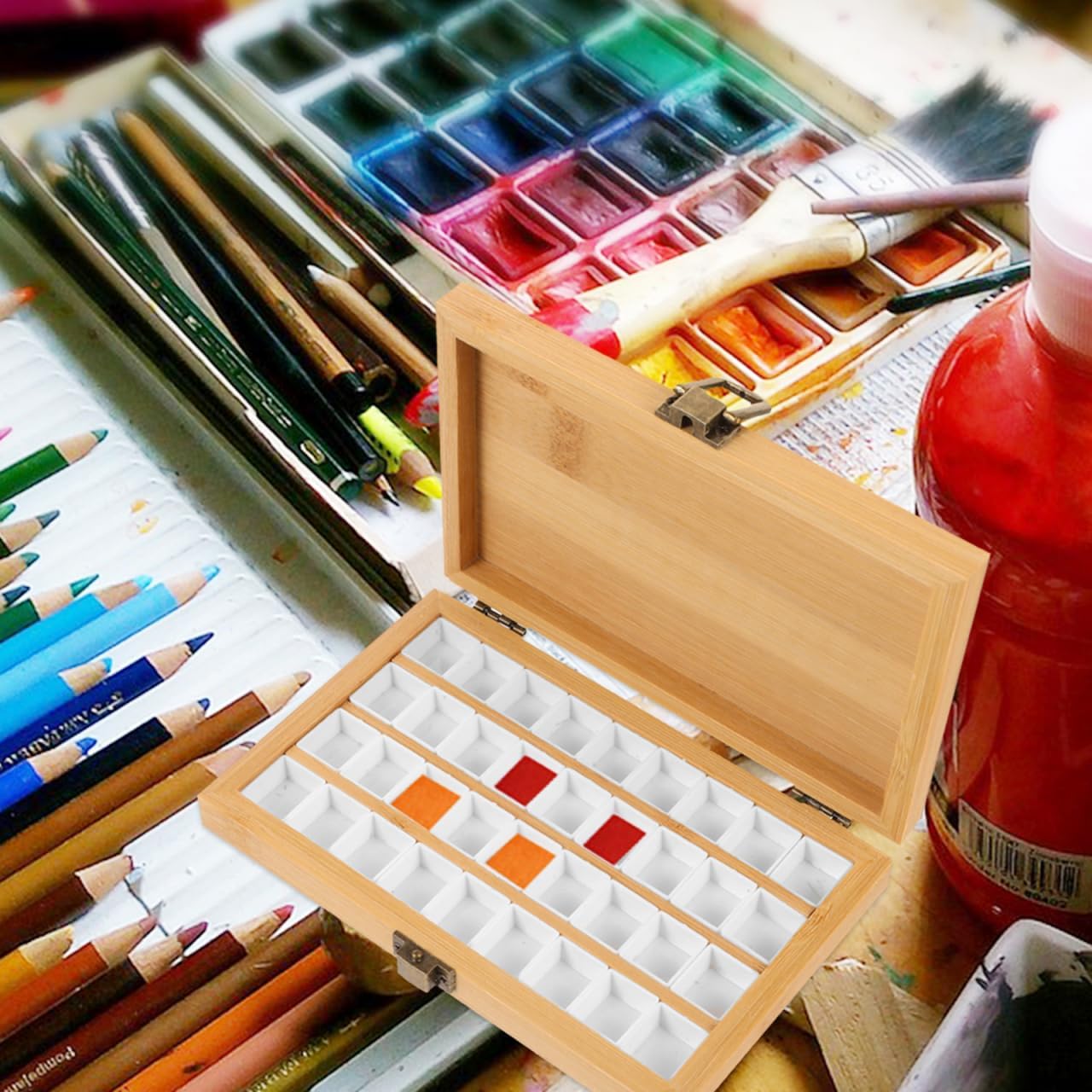 Watercolor Paint Palette Set 36 Empty Half Pans 4x6 Inch Wooden Travel Box Case for Acrylic Gouache Painting Amateur Hobbyists Painting Artists Lovers Back to School Supplies