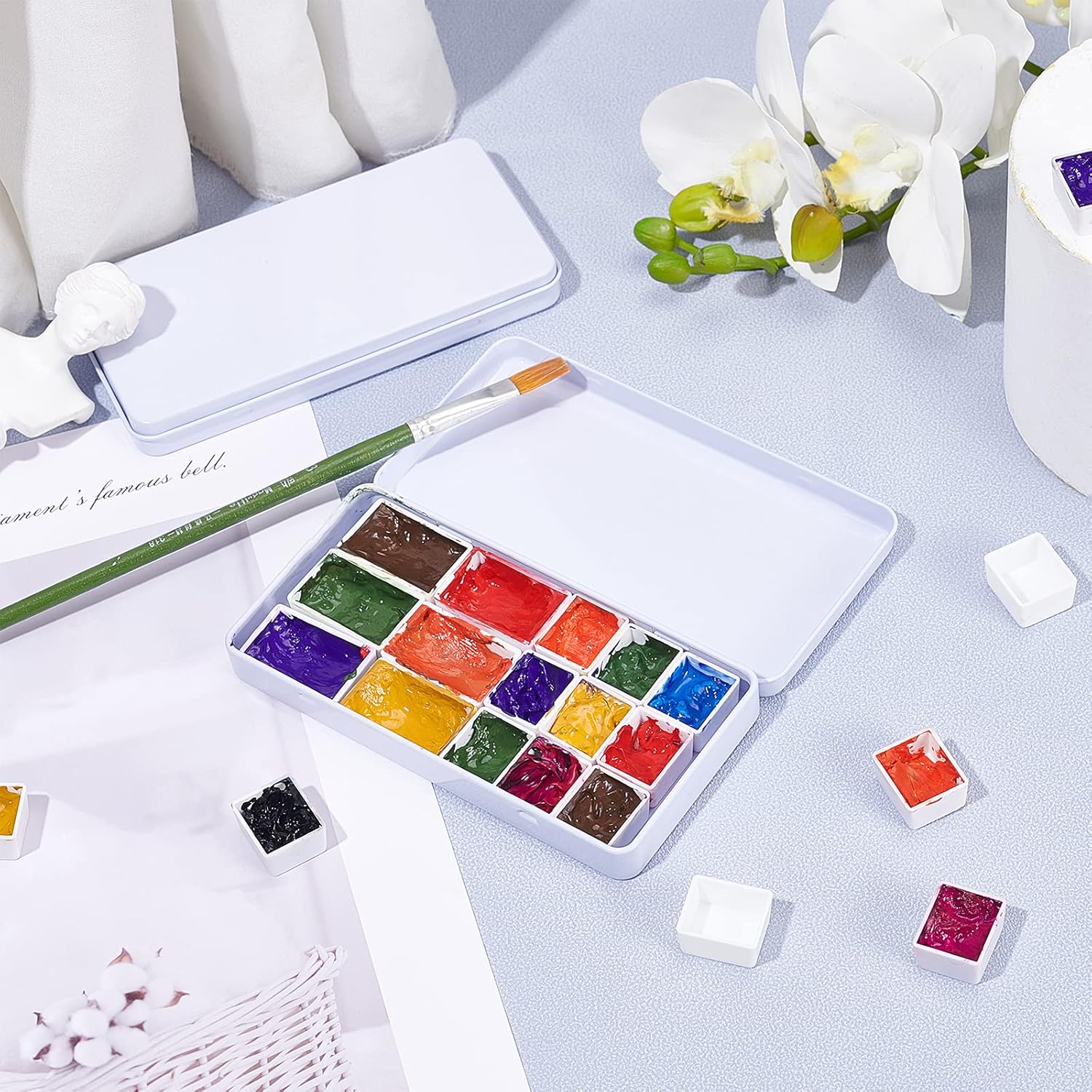 PH PandaHall 4PCS Small Empty Watercolor Palette Tin with 24 Half Pans and 12 Full Pans Travel Watercolor Box Metal Paint Case for Artist Student, White, 2.5x4.5x0.5 inch