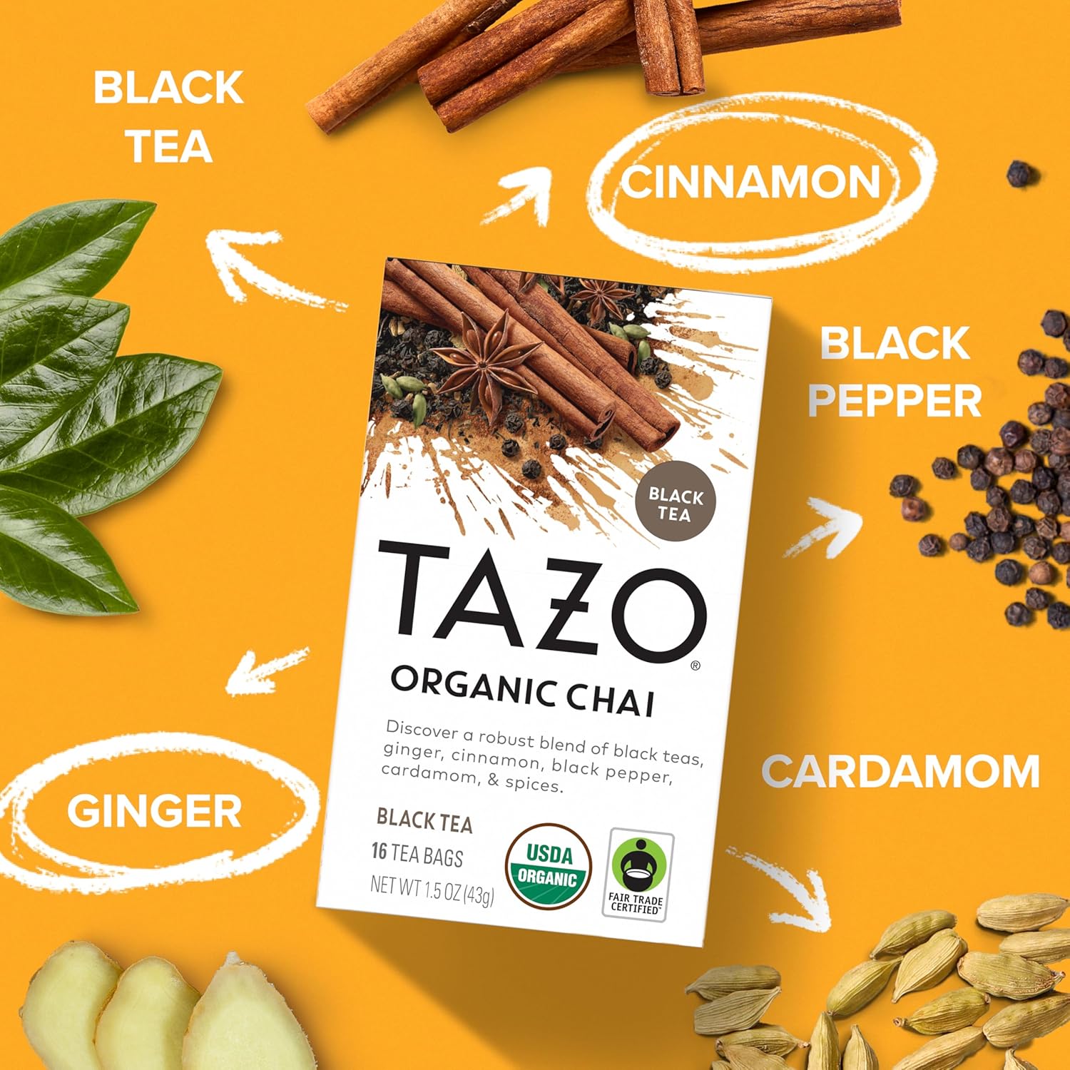 Alternative view of TAZO Organic Chai Black Tea Bags, Blend of Black Teas, Ginger, Cinnamon, Black Pepper & Cardamom, 96 Total Tea Bags (16ct - Pack of 6)